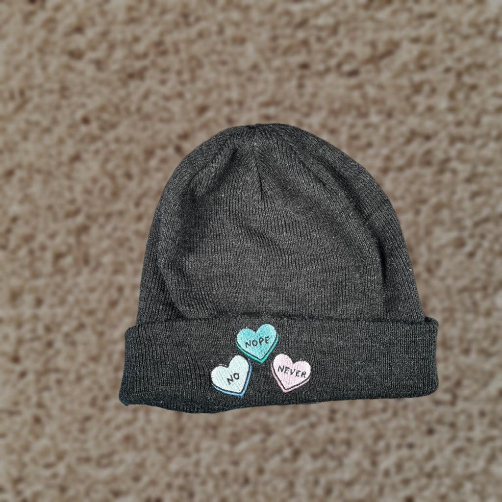 Vintage A-Lab Beanie Hat Adult One Size Gray Knit Acrylic Embroidered Heart Ski Theme Womens Size ONE SIZE - 1 Thumbnail