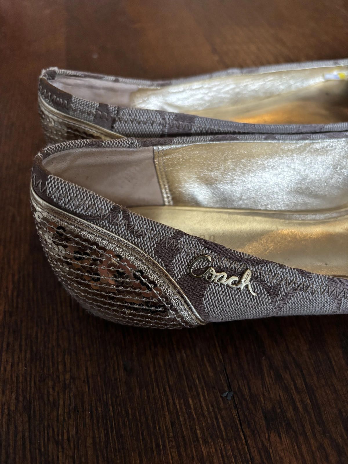 Coach Coach Women's Brown Signature Flats with Gold Sequin Toe Size US 7.5 / IT 37.5 - 3 Thumbnail
