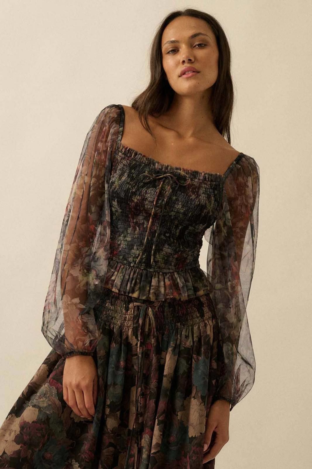 Other Layered Floral-Print Tulle Smocked Peasant Top by Promesa Size S / US 4 / IT 40 - 11 Thumbnail