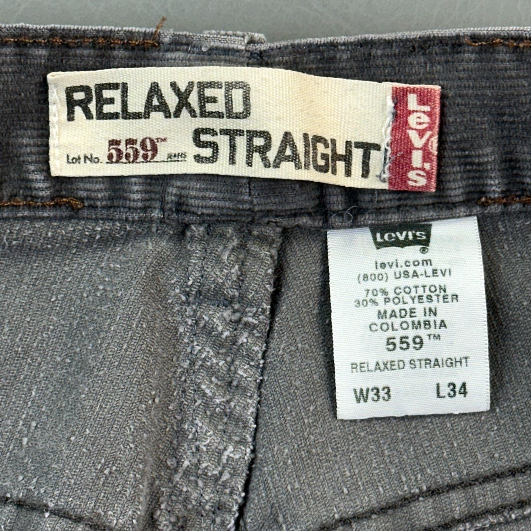 Levi's VINTAGE Levi's 559 Pants Mens 33x34 Gray Corduroy Relaxed Straight Punk Y2K 5-Pocket USA Cowboy Grunge Retro Jeans Mens Size US 33 - 7 Thumbnail