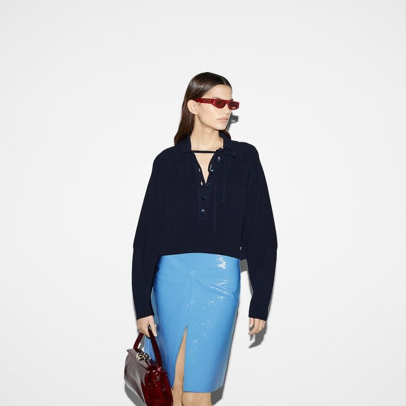 Gucci o1la5ras0526 Chunky Rib Cotton Polo Top in Dark Blue Size L / US 10 / IT 46 - 3 Thumbnail