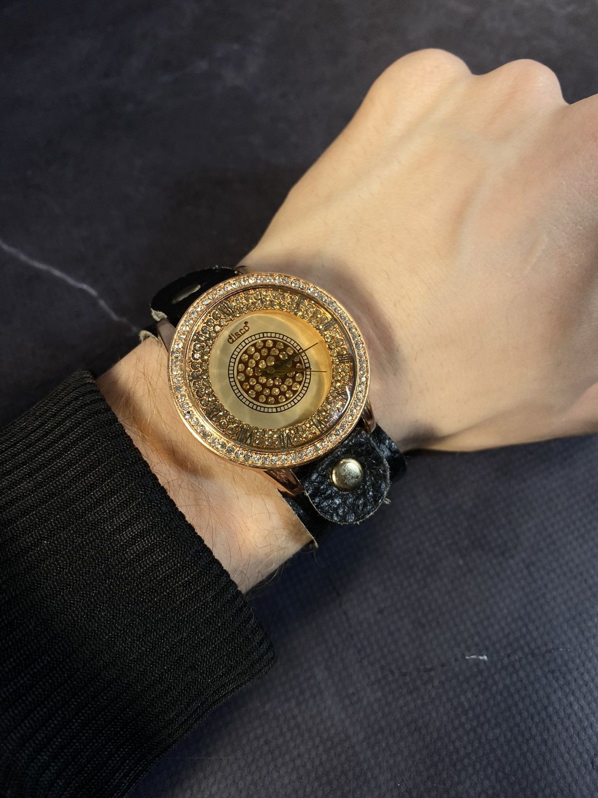 Vintage Disco Gold-Tone Rhinestone Watch with Leather Strap Size ONE SIZE - 2 Thumbnail