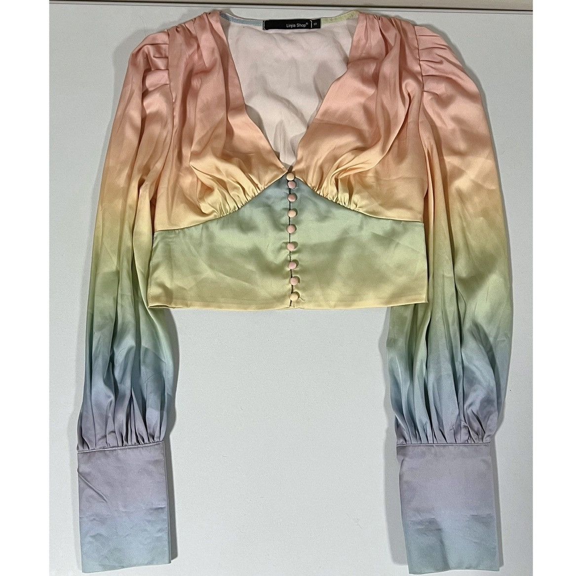 Japanese Brand Pastel Rainbow Ombré Satin Button-Up Shirt Blouse Size S 🎀✨ Size S / US 4 / IT 40 - 2 Thumbnail