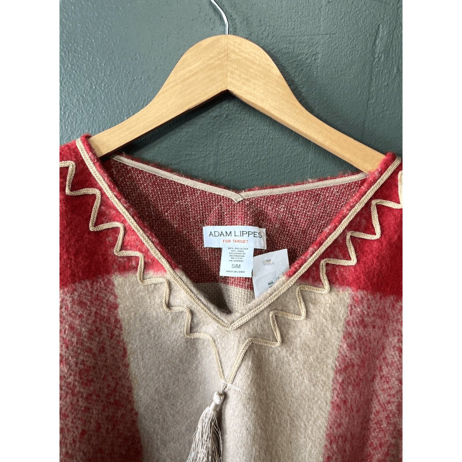 Vintage NWT Adam Lippes Target Plaid Mohair Fringe Trim Tassel Poncho Sweater Red S/M Womens Poncho Fringe Red & Tan 90% Polyester 10% Wool Plaid Bedding Size S / US 4 / IT 40 - 2 Thumbnail