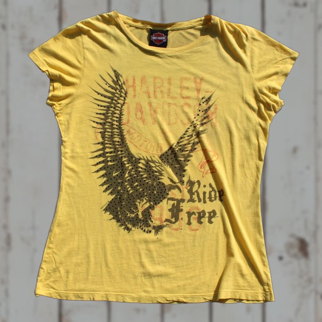 Harley Davidson VINTAGE Harley-Davidson Womens Shirt Top Short Sleeve Yellow Ride Free Eagle M Lathrop Size M / US 6-8 / IT 42-44 - 1 Thumbnail