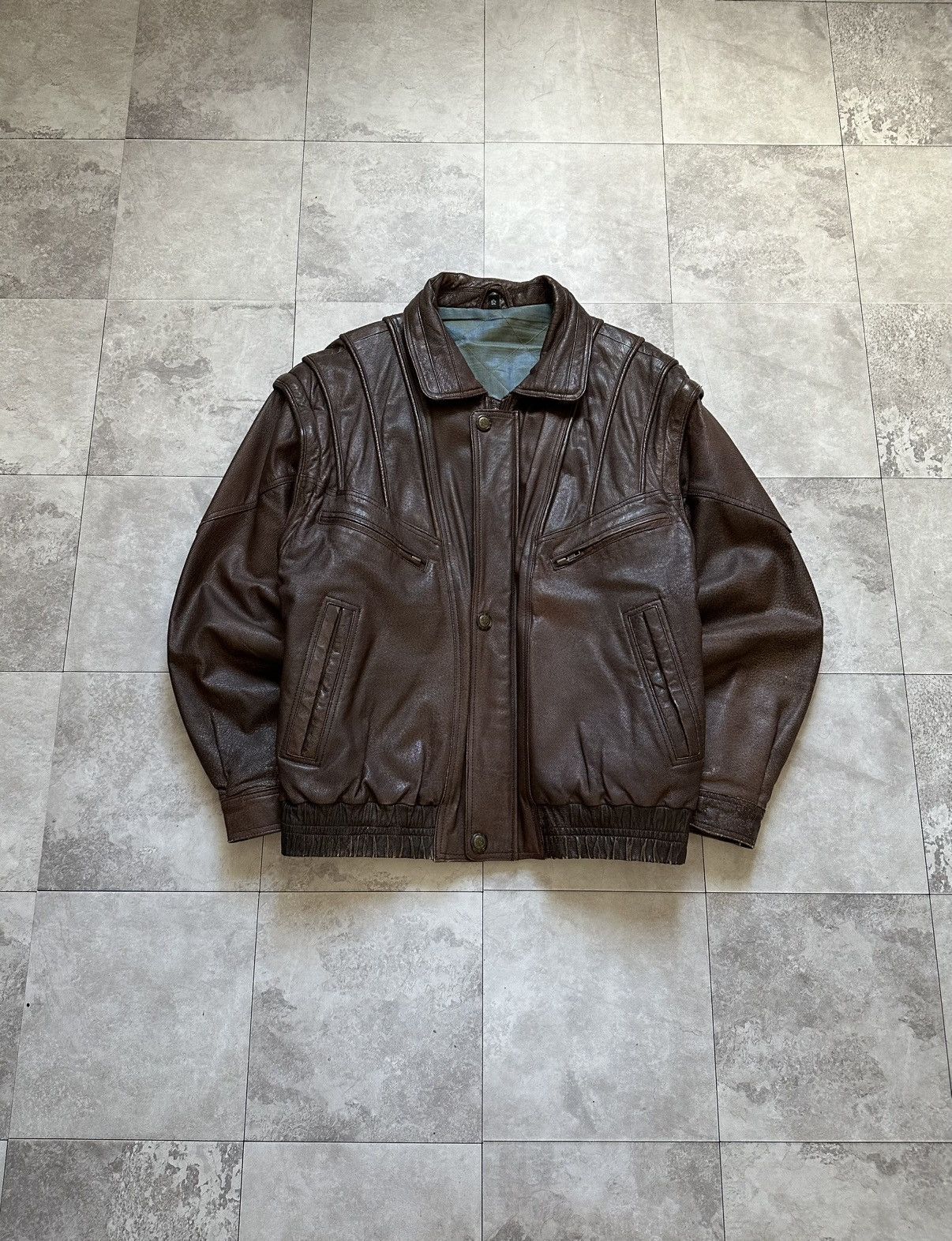 Vintage Brown Leather Bomber Avant Garde Transformer Jacket