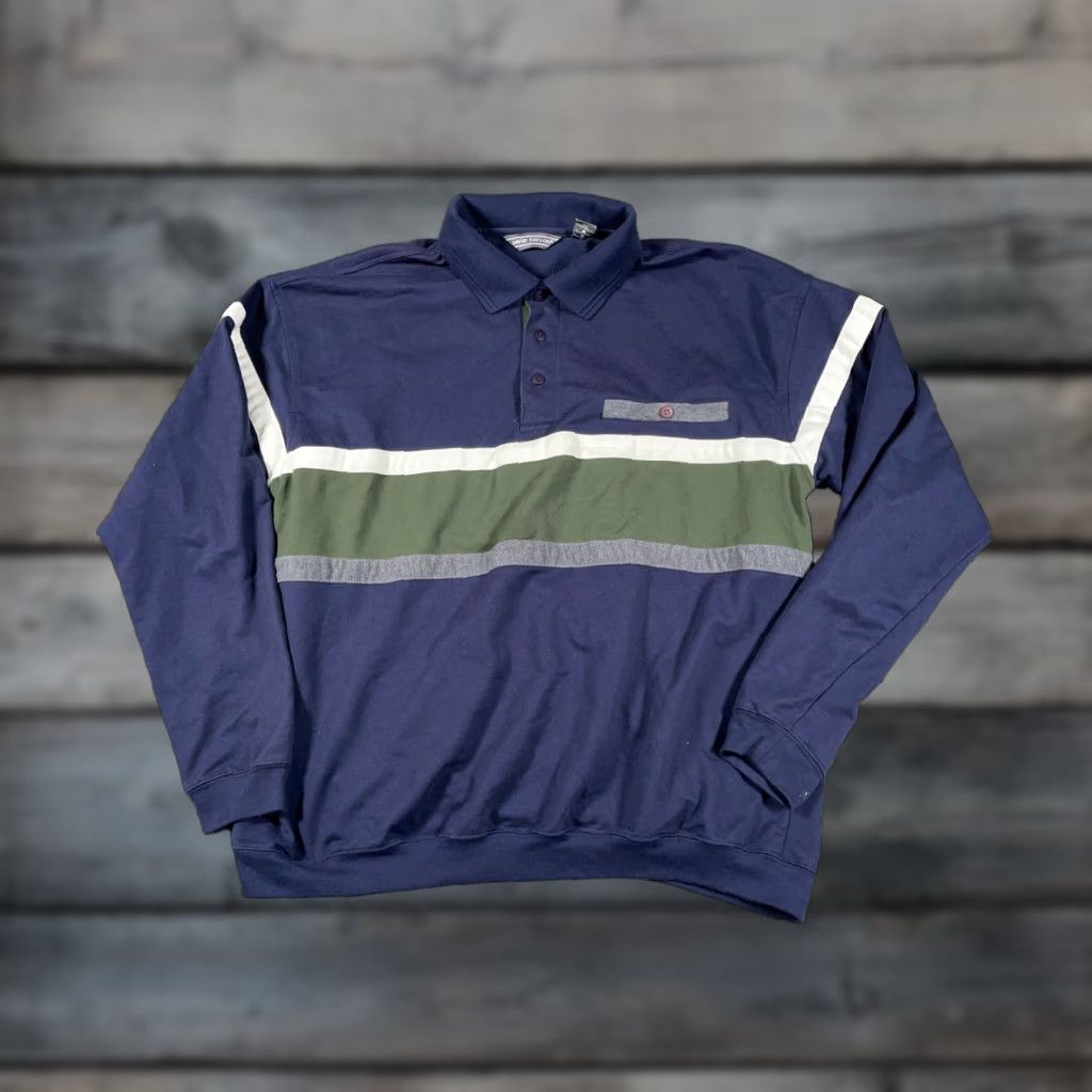 Vintage VINTAGE 90s Dad Style Long Sleeve Polo Shirt David Taylor XL Tall Dark Blue Green Striped Polo Mens Size US XL / EU 56 / 4 - 1 Thumbnail