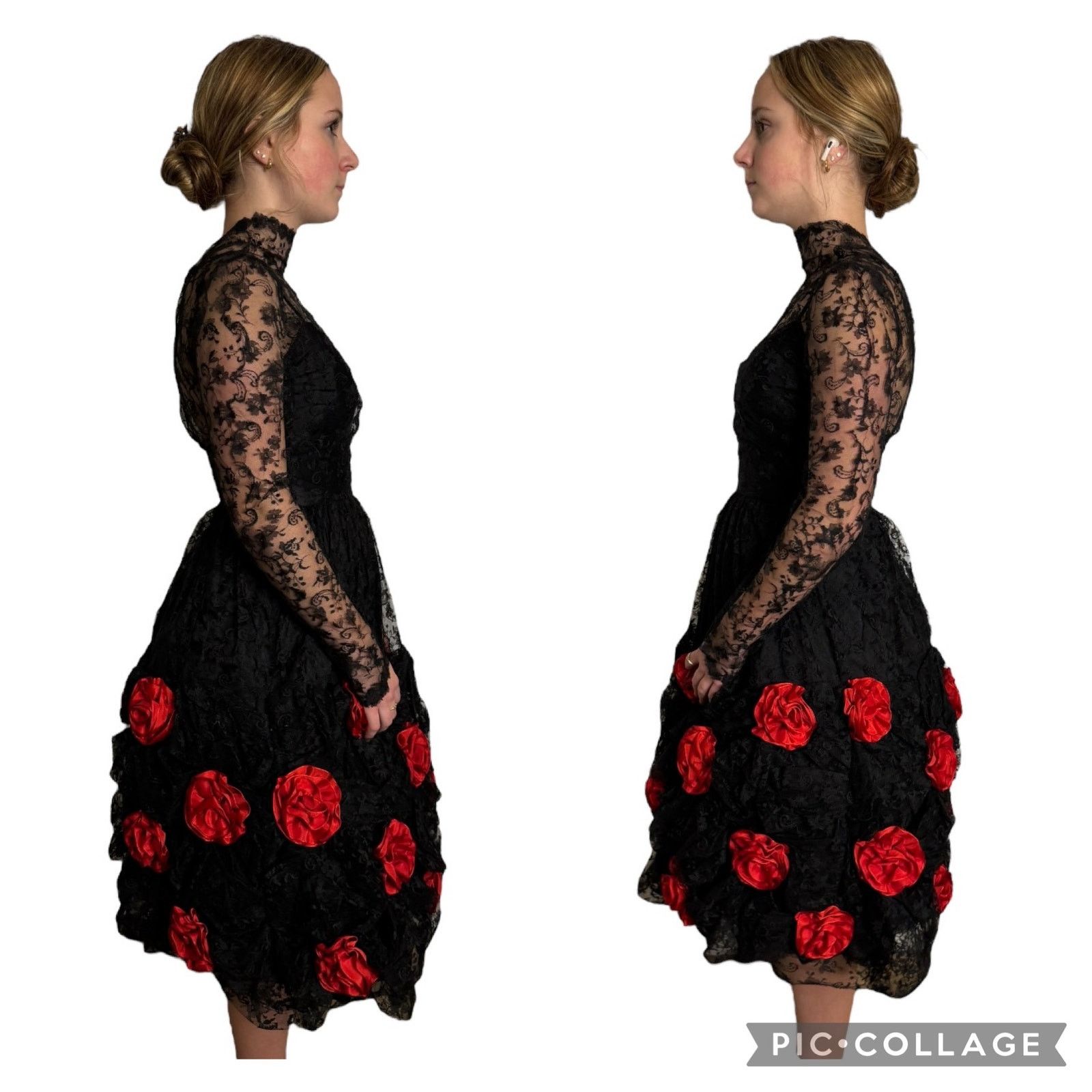 Vintage Vtg An original by DUSAUZAY black Lace Red Roses dress Size XS / US 0-2 / IT 36-38 - 2 Thumbnail