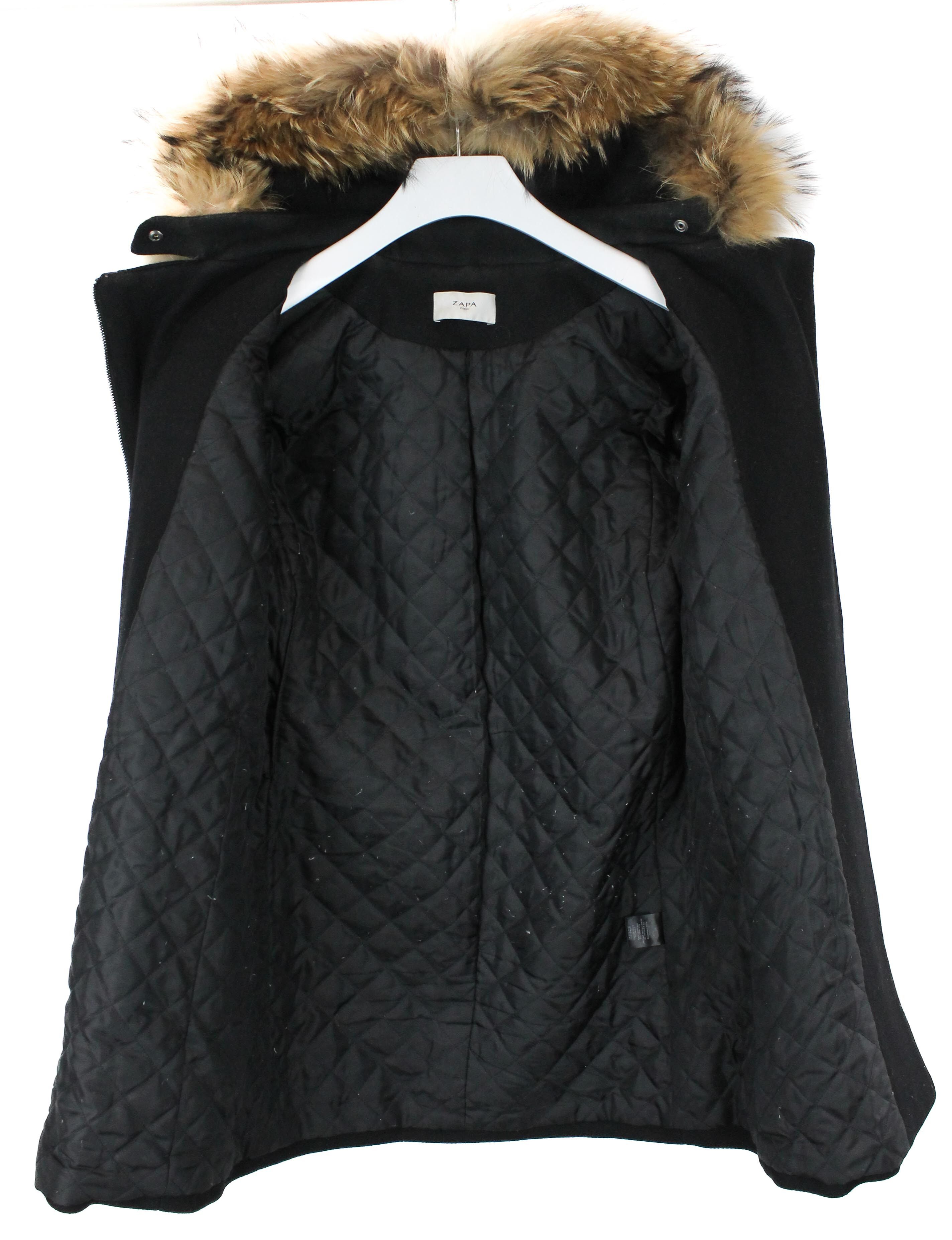 ZAPA ZAPA Women's SMALL Wool Blend Hooded Fur Leather Trim Coat Size S / US 4 / IT 40 - 2 Thumbnail
