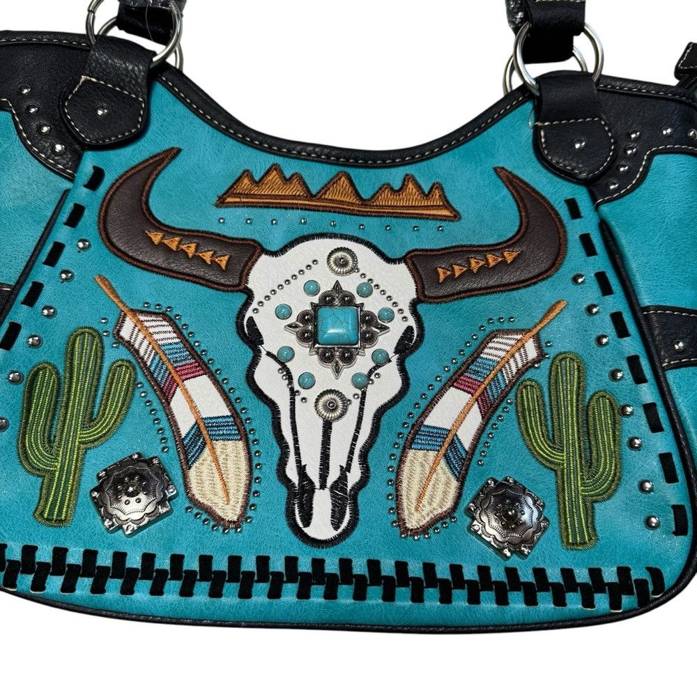 Other New Longhorn Skull Feather Embroidery Tote Purse Size ONE SIZE - 3 Thumbnail