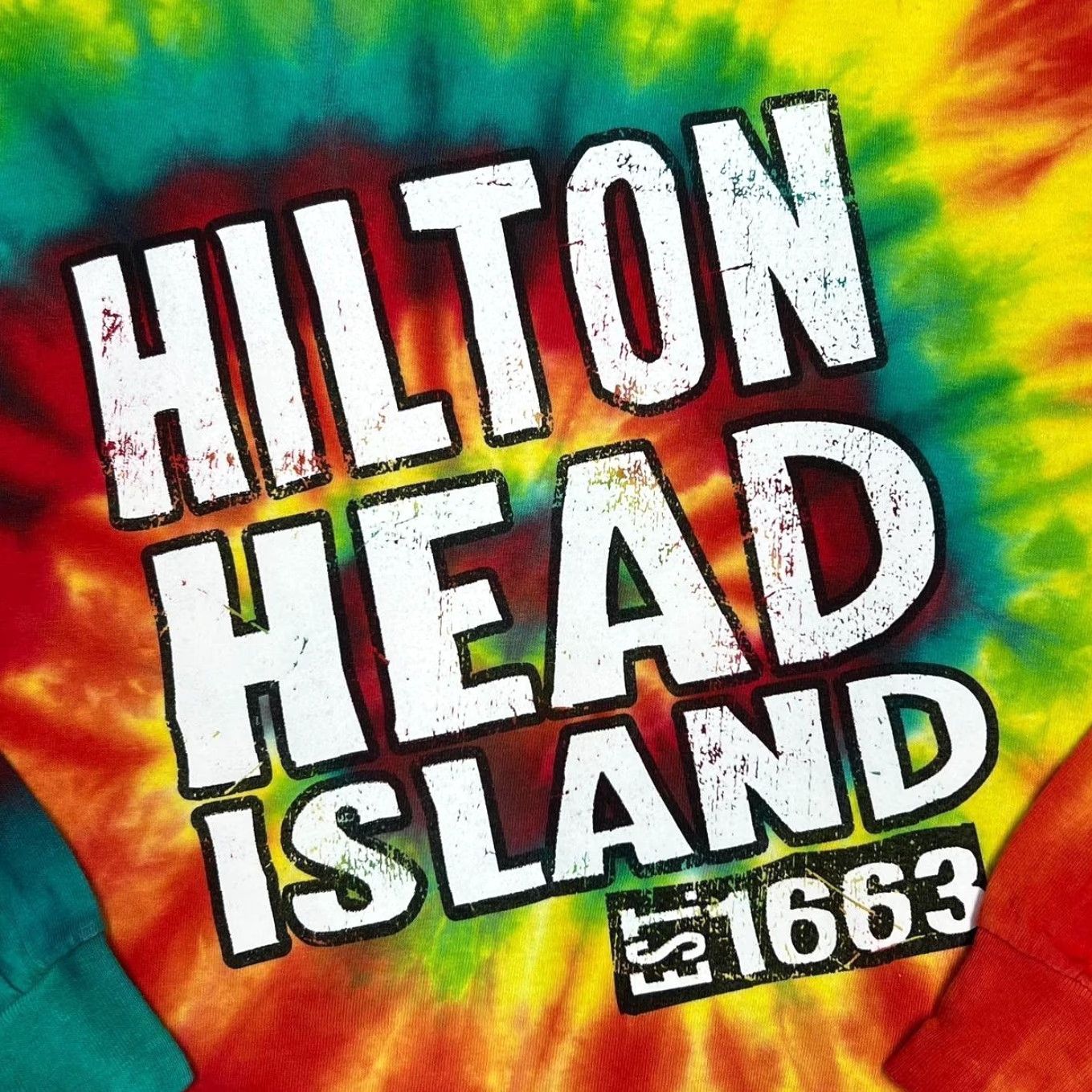 Gildan Hilton Head Island Souvenir Multi Rainbow Tie Dye Long Sleeve T-Shirt S Mens Shirt Cotton Colour Multi Graphic Print Front Size US S / EU 44-46 / 1 - 3 Thumbnail