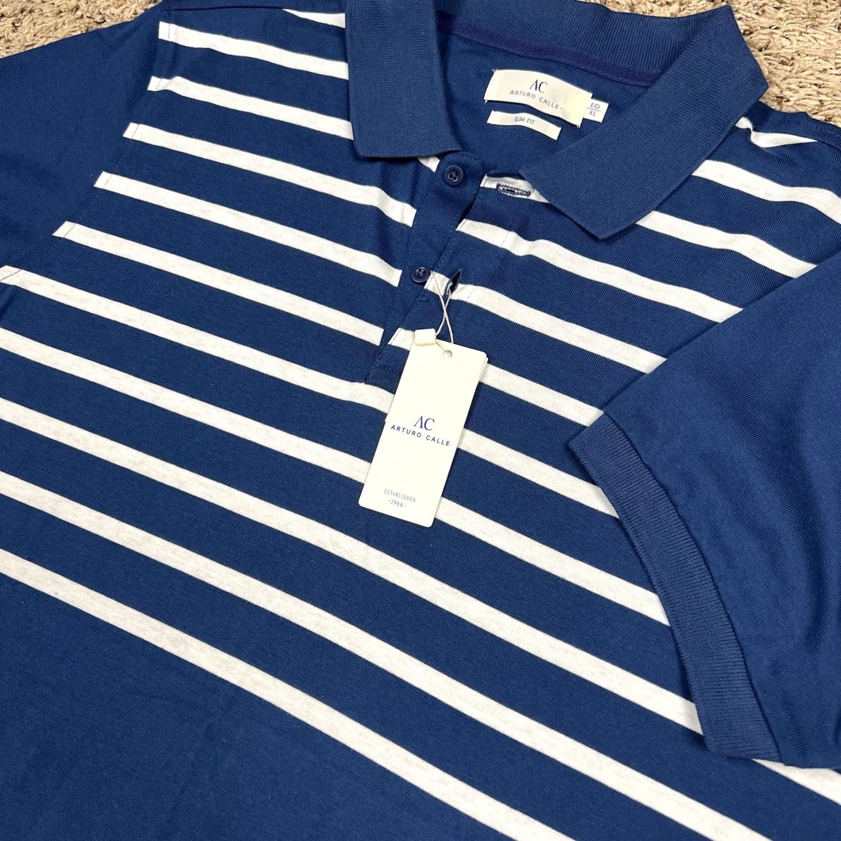Vintage NWT Arturo Calle Polo Shirt XL Navy Blue White Striped 100% Cotton Men Slim Short Sleeve Collared Button Polo Size US XL / EU 56 / 4 - 4 Thumbnail