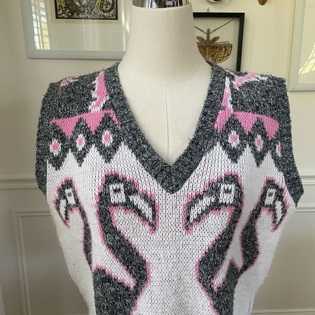 Vintage Vintage 80s Jolie Flamingo Pink Grey White Sweater Vest M Size M / US 6-8 / IT 42-44 - 2 Thumbnail