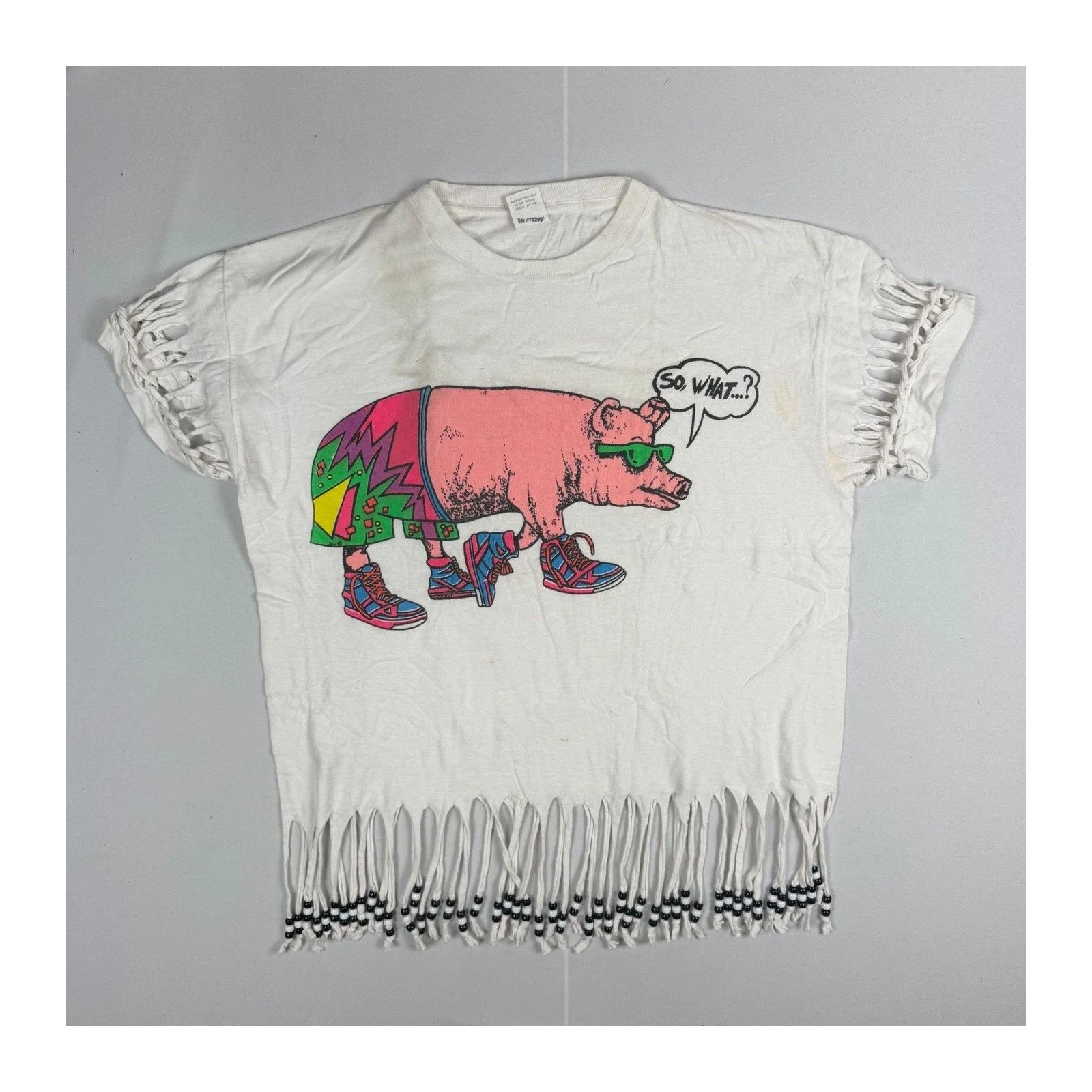 The Unbranded Brand Vintage Pig Graphic Fringe T Shirt Beaded Hem Retro 80s Whit Size US XL / EU 56 / 4 - 1 Thumbnail