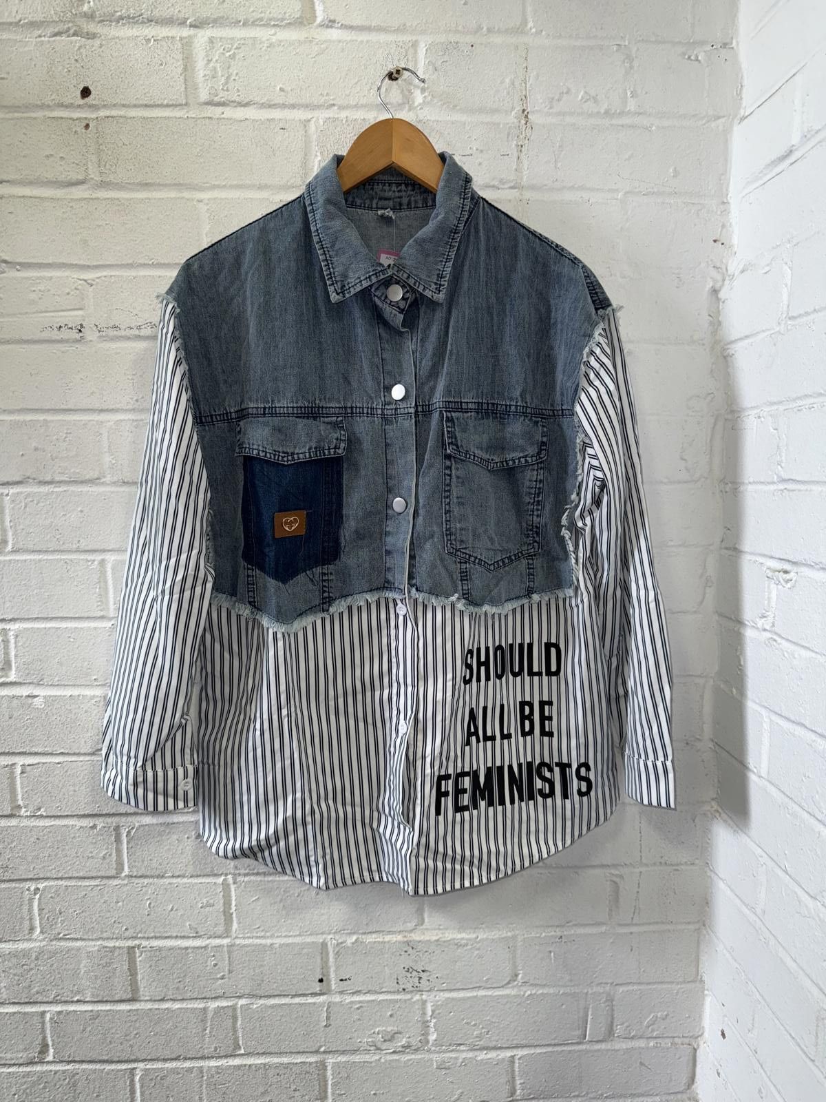 Designer Unique Denim and Stripe Shirt - Feminist Message Size XL / US 12-14 / IT 48-50 - 1 Thumbnail