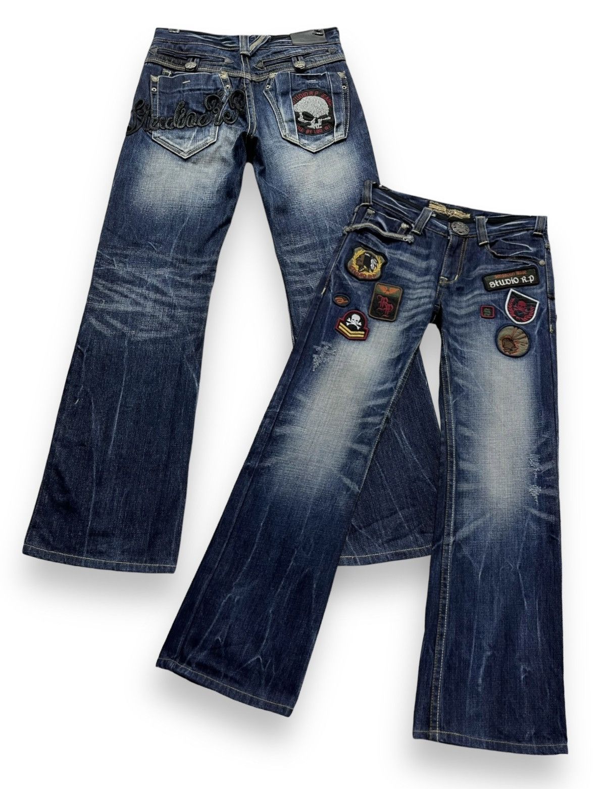 STUDIOUS FYE🔥STUDIO RP Punk Skull Patches Whiskered Blue Flare Denim Size US 28 / EU 44 - 3 Thumbnail