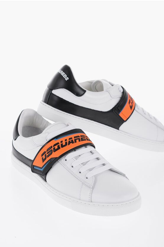 image of Dsquared2 Low-Top Leather Sneakers With Logoed Touch Strap Closure in White, Men's (Size 10)