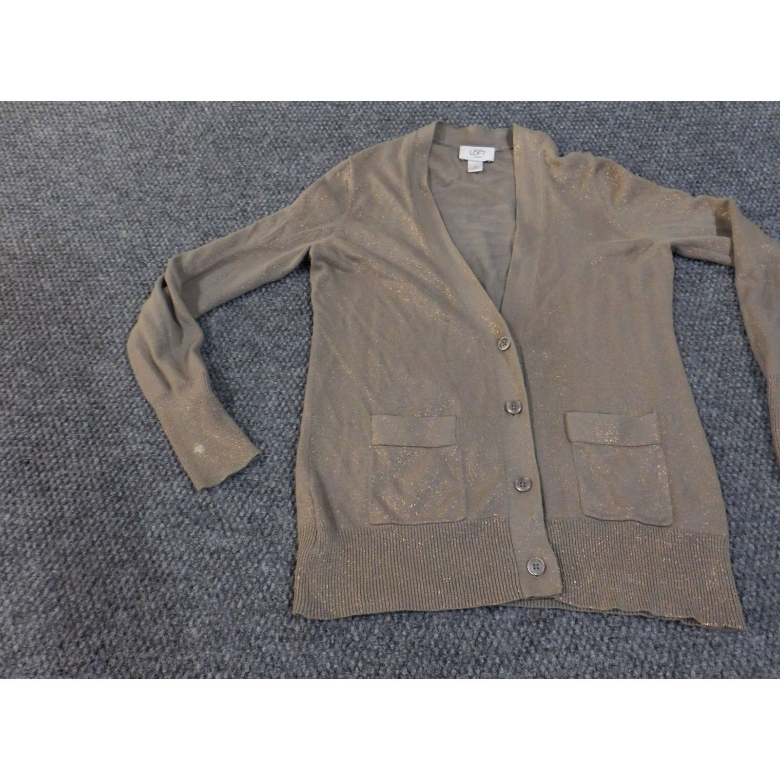 Ann Taylor Ann Taylor LOFT Cardigan Sweater Womens Small Petite Brown Gold Metallic Pockets Knit V-Neck Lightweight Shimmer Size S / US 4 / IT 40 - 3 Thumbnail