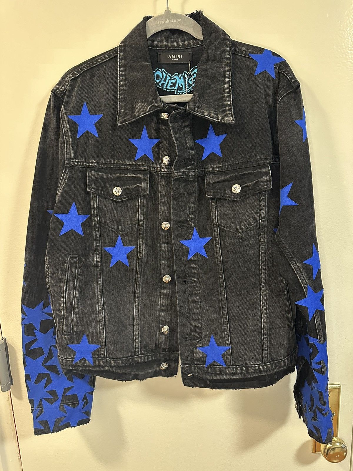 Amiri AMIRI Black Denim “Chemist Star Trucker” Jacket w Blue Stars Size US XL / EU 56 / 4 - 2 Thumbnail