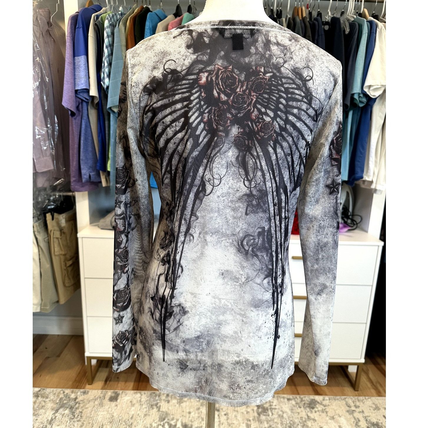 Rock & Republic Rock & Republic Women's Fleur De Lis Gray Graphic Mesh Top M Size M / US 6-8 / IT 42-44 - 4 Thumbnail