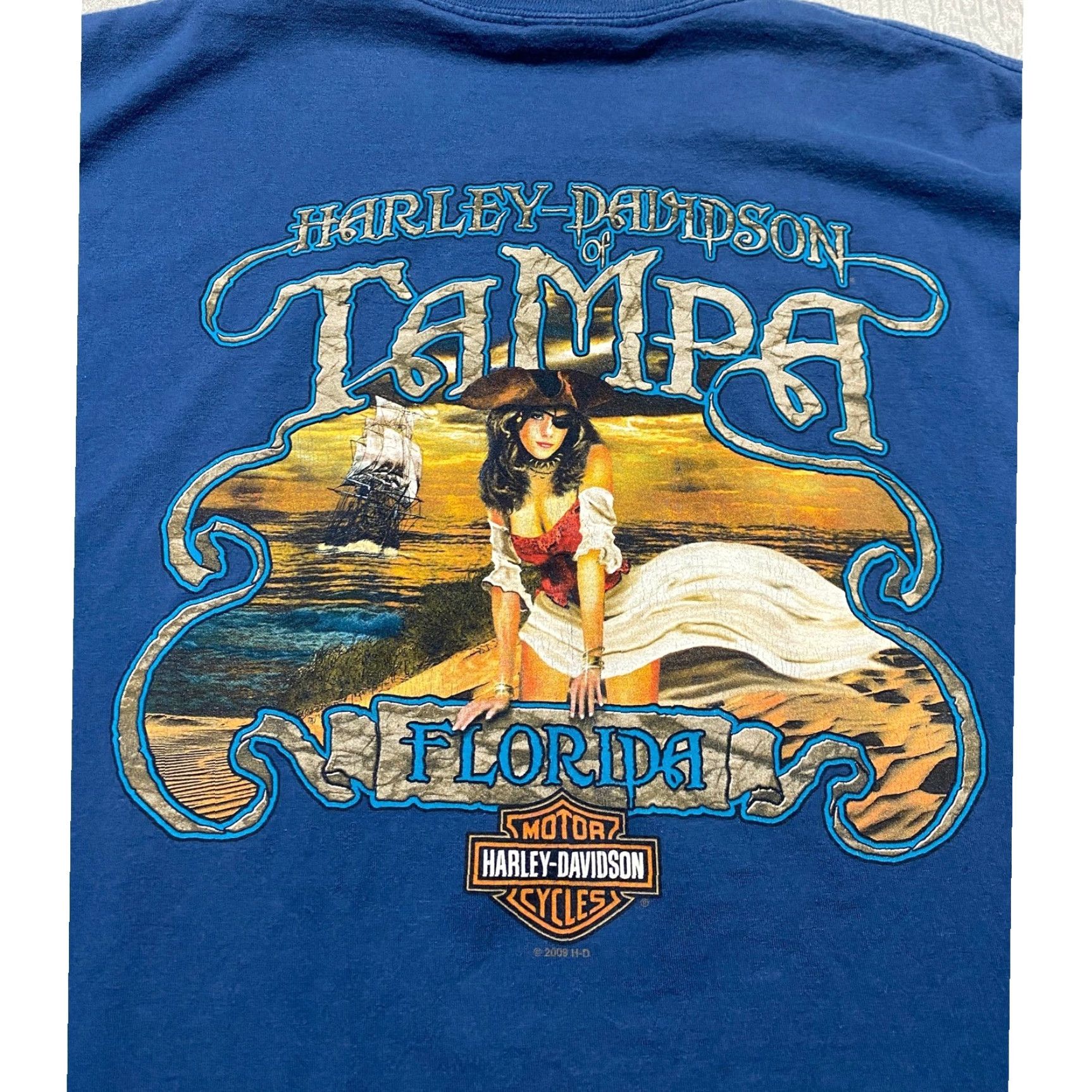 Harley Davidson Harley-Davidson T-Shirt Graphic Print Pirate Pinup Blue 2XL Crew Neck Short Sleeve Logo JSY Heavyweight Vintage? Size US XXL / EU 58 / 5 - 5 Thumbnail