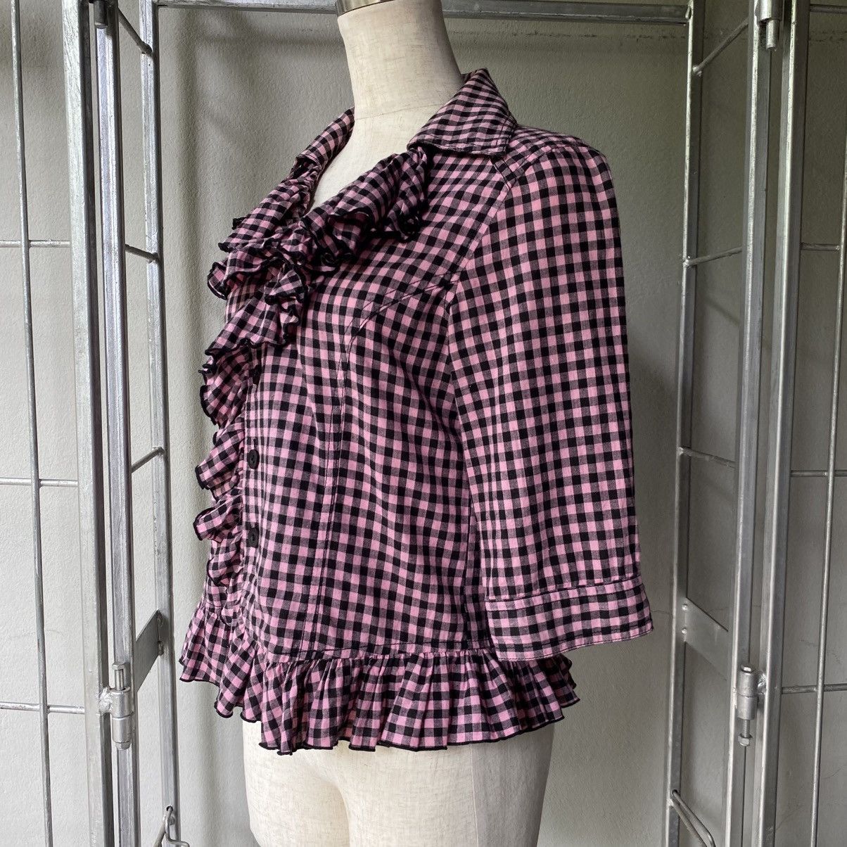 Japanese Brand ALGONGUINS Y2K Punk Pink Black Gingham Ruffle Blouse Size M / US 6-8 / IT 42-44 - 3 Thumbnail