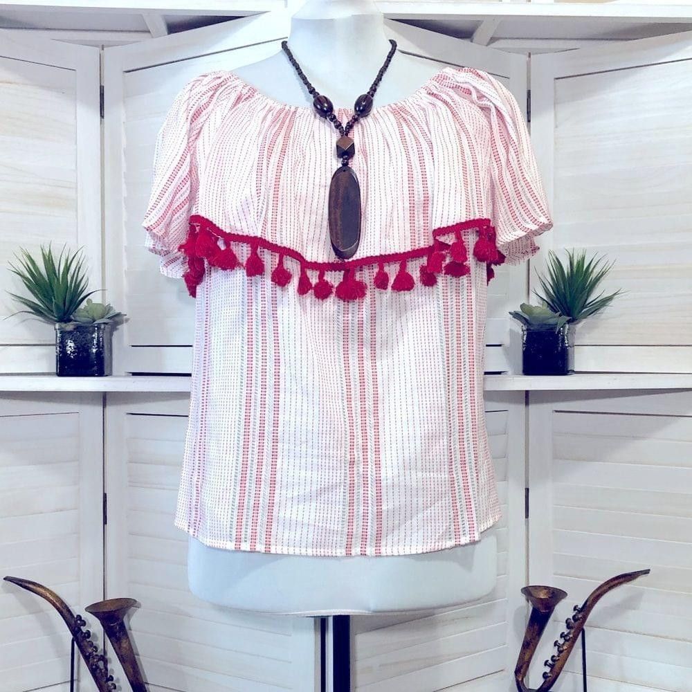 Other NWT retro oversized blouse red white pin striped pompons M Size M / US 6-8 / IT 42-44 - 1 Thumbnail