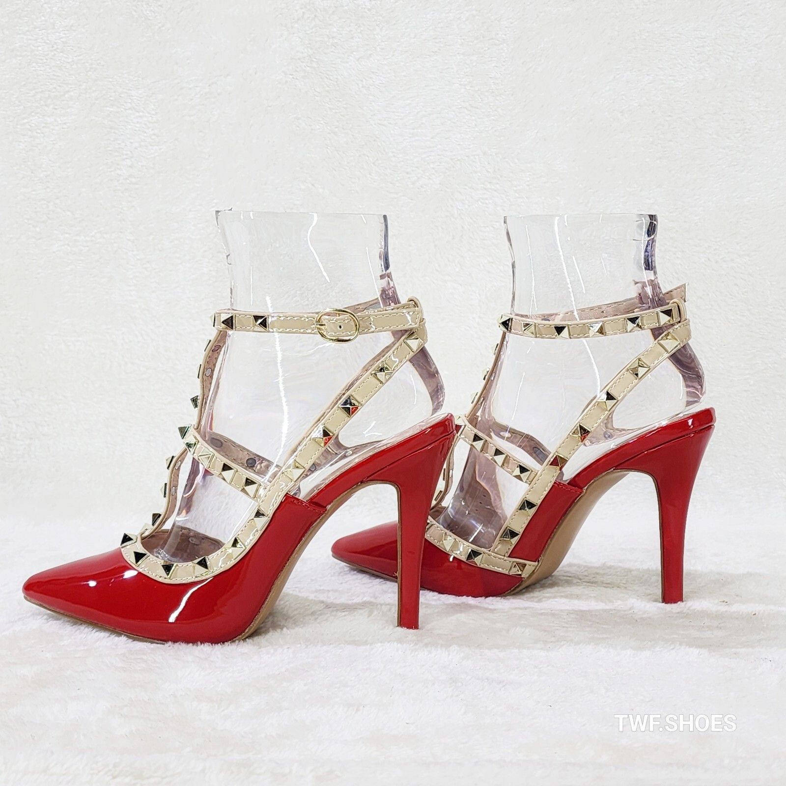 Other Caged Bright Red Studded Strappy Stiletto High Heel Shoes (C Size US 9 / IT 39 - 2 Thumbnail