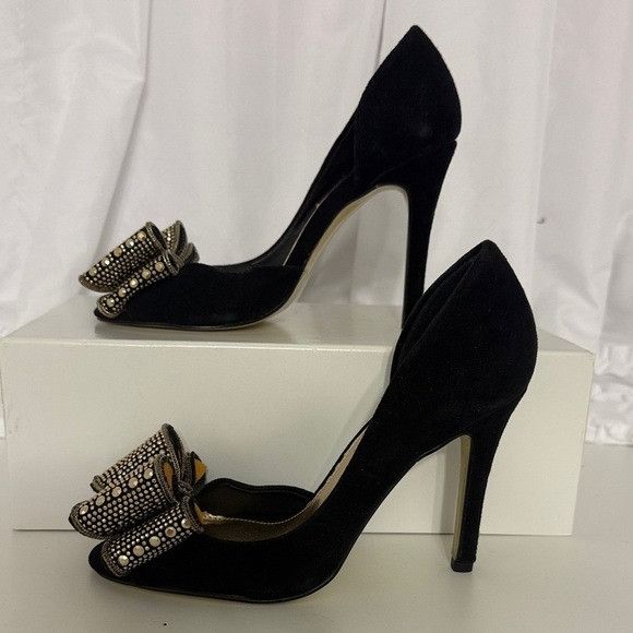 Betsey Johnson Betsey Johnson Glendah Black Suede Peep Toe Heels W/Bow Embe Size US 6 / IT 36 - 4 Thumbnail
