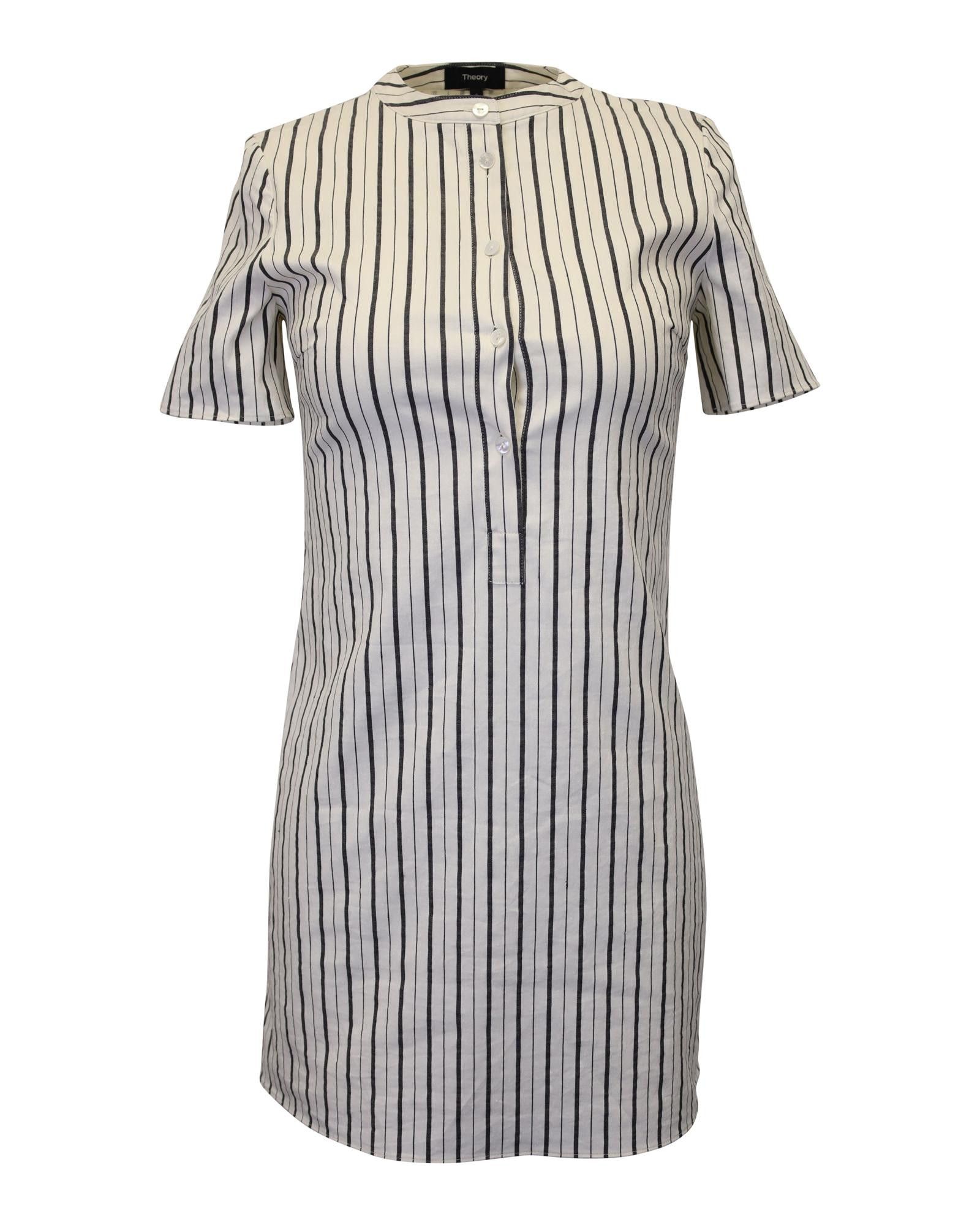 Image of Theory Trapeze Striped Mini Dress In Cotton Linen Blend in White/Ivory, Women's (Size XS)