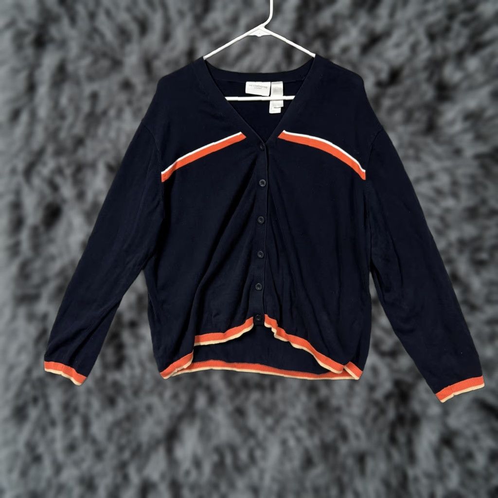 Liz Claiborne VINTAGE Liz Claiborne Cardigan Sweater XL Raglan Stripe Knit V-Neck Blue/White/Orange Casual Womens Regular Fit all seasons Size XL / US 12-14 / IT 48-50 - 1 Thumbnail