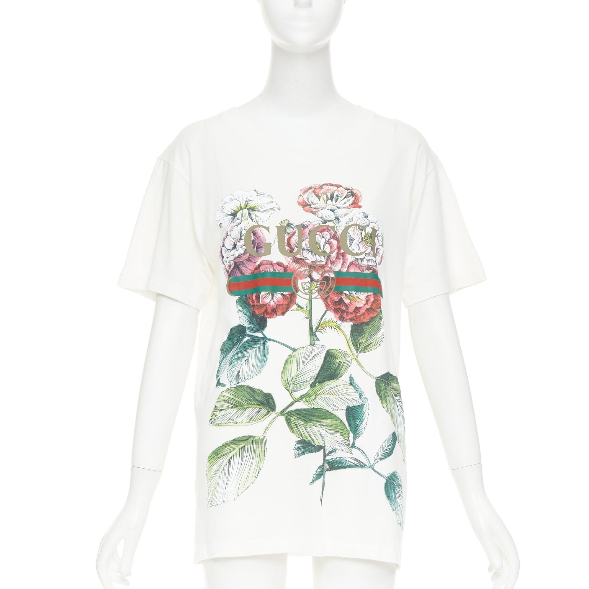 Gucci GUCCI Alessandro Michele white floral bloom vintage logo green red web print tshirt XS Size XS / US 0-2 / IT 36-38 - 1 Thumbnail
