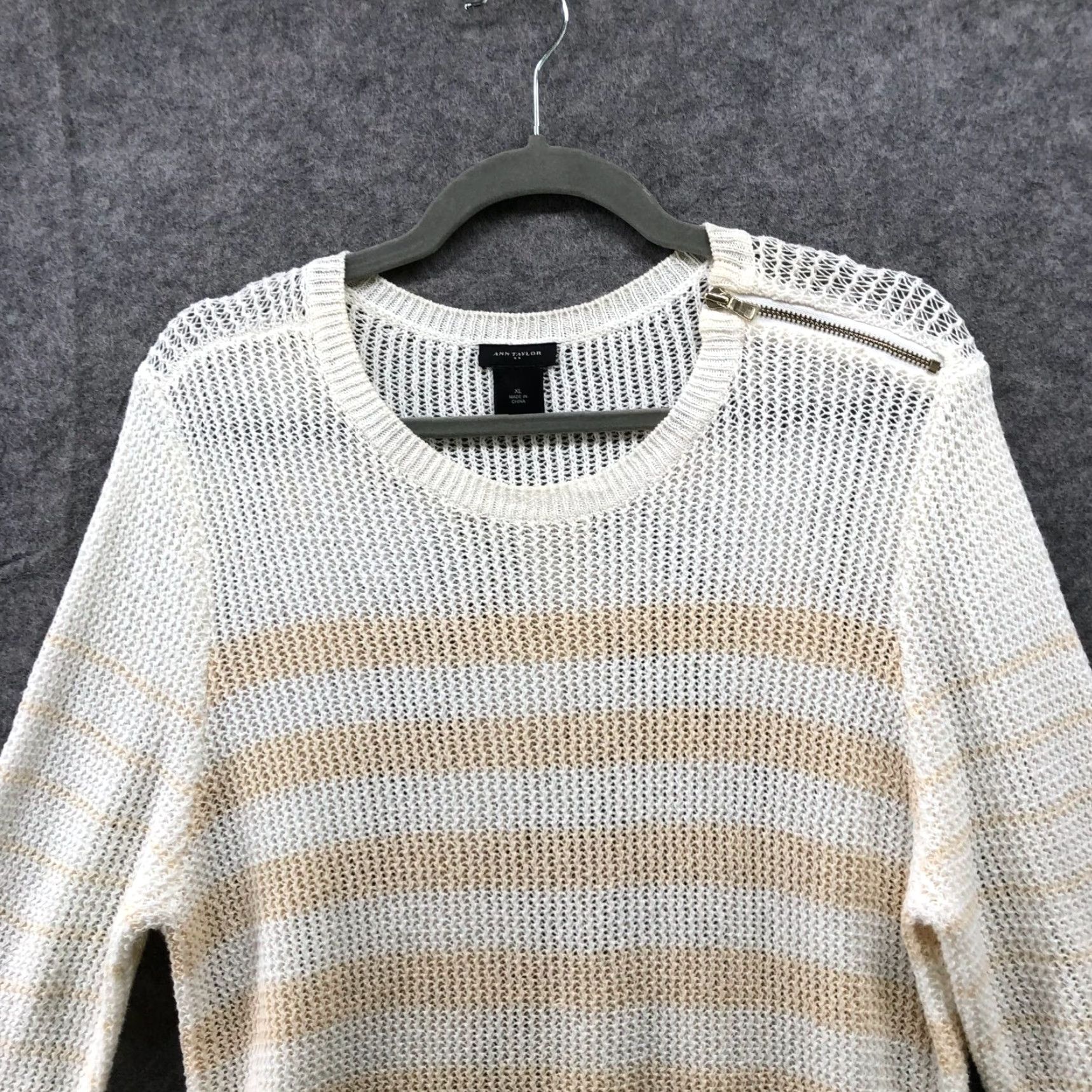 Ann Taylor Ann Taylor Open Knit Tunic Sweater Womens XL Crewneck Ivory Beige Striped Cotton Size XL / US 12-14 / IT 48-50 - 3 Thumbnail