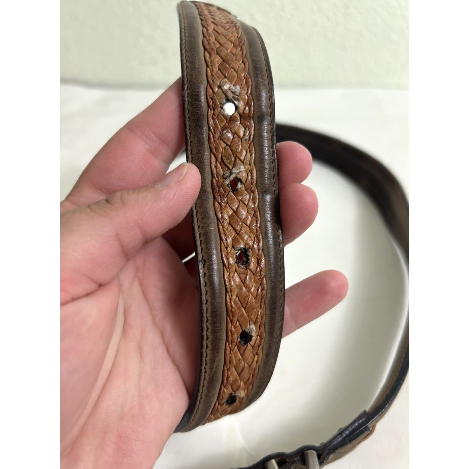 Vintage VINTAGE Western Style Belt Buckle Brown Leather Solid Brass 34” Mens Belt Leather Brass Western 34 Inches Brown Men Size 34 - 5 Thumbnail