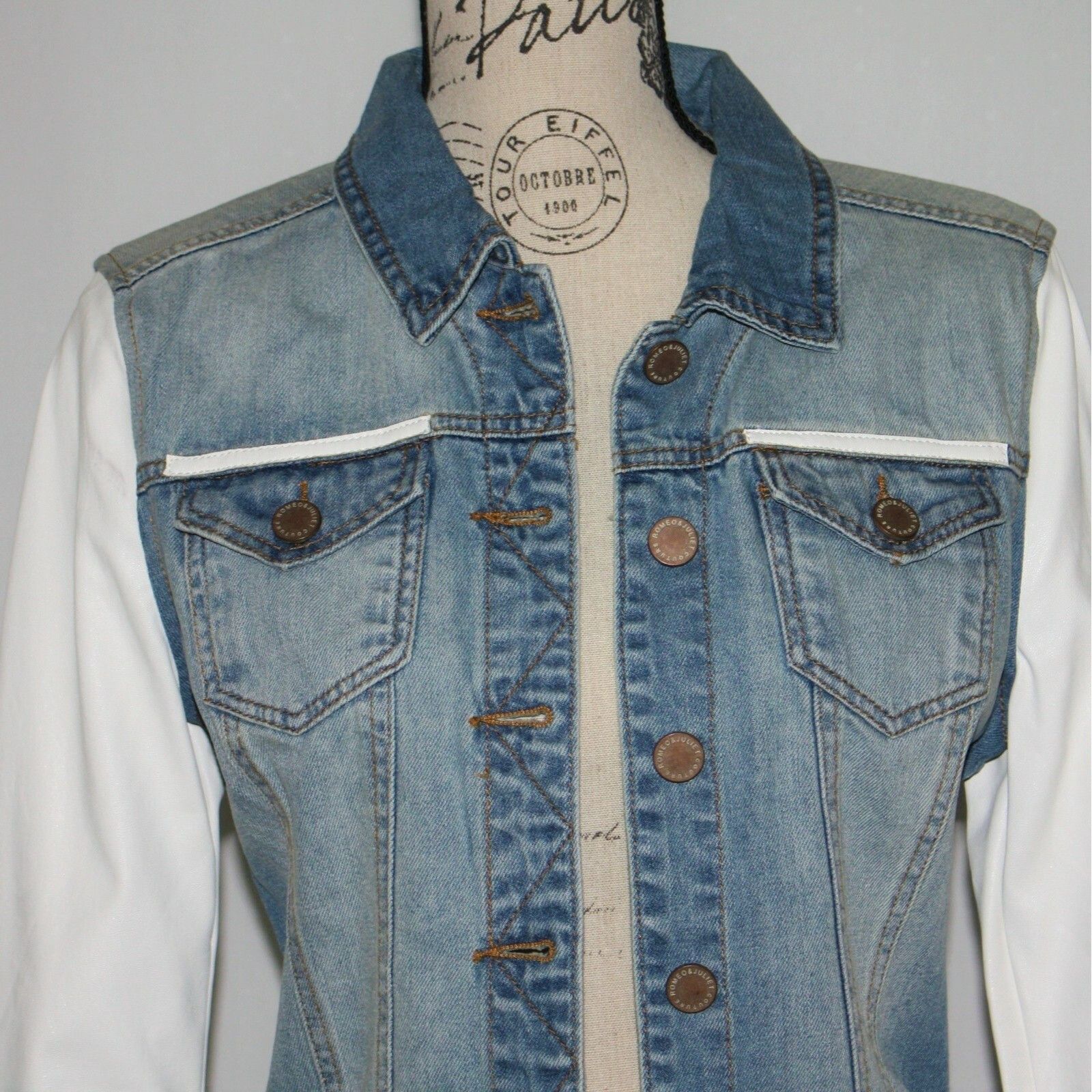 Other Romeo & Juliet Couture Faux Leather Sleeve Denim Jean Jacket Size M / US 6-8 / IT 42-44 - 10 Thumbnail