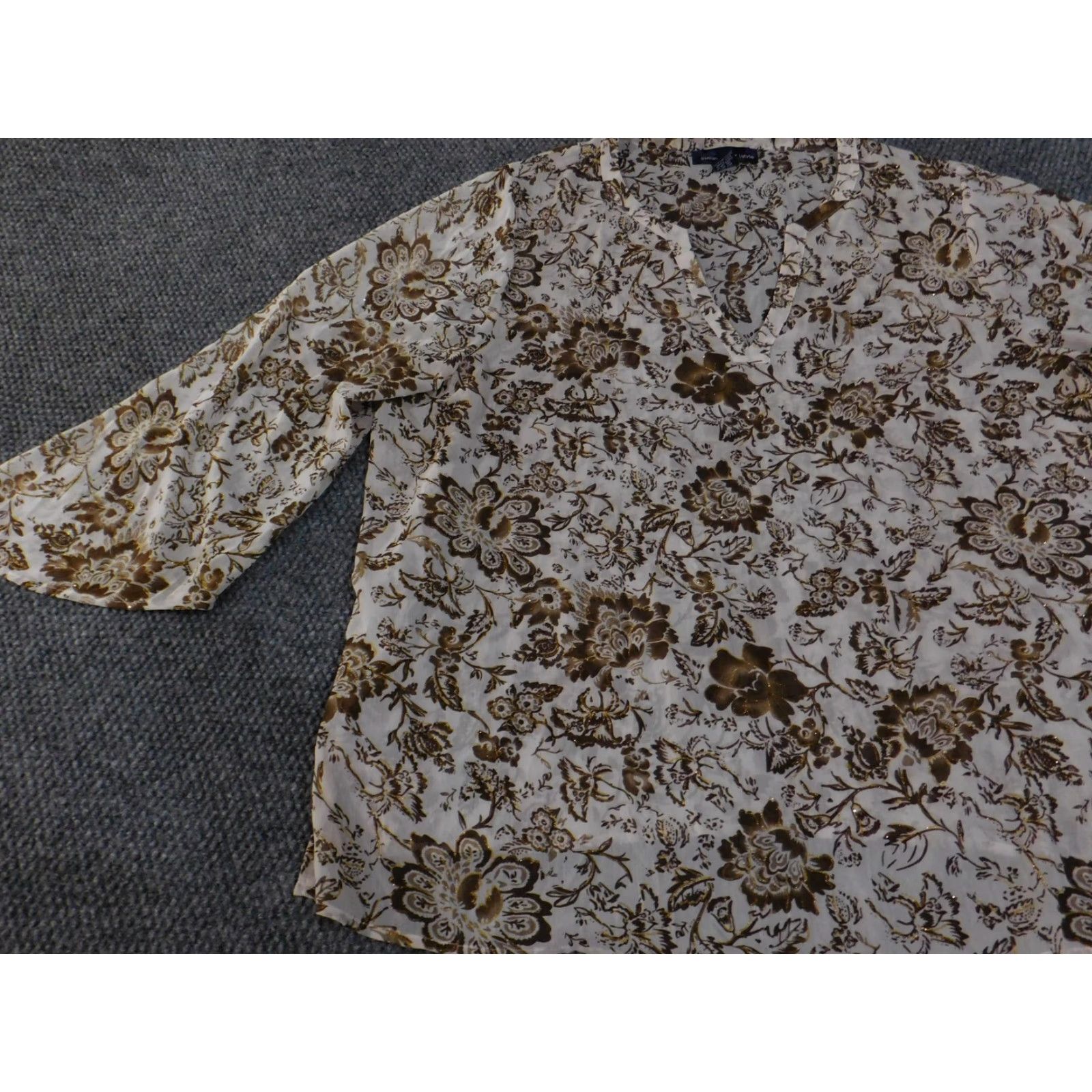 Vintage Susan Graver Shirt Womens 3X Brown Floral Tunic 3/4 Sleeve Lightweight Sheer Size XXL / US 16-18 / IT 52-54 - 4 Thumbnail