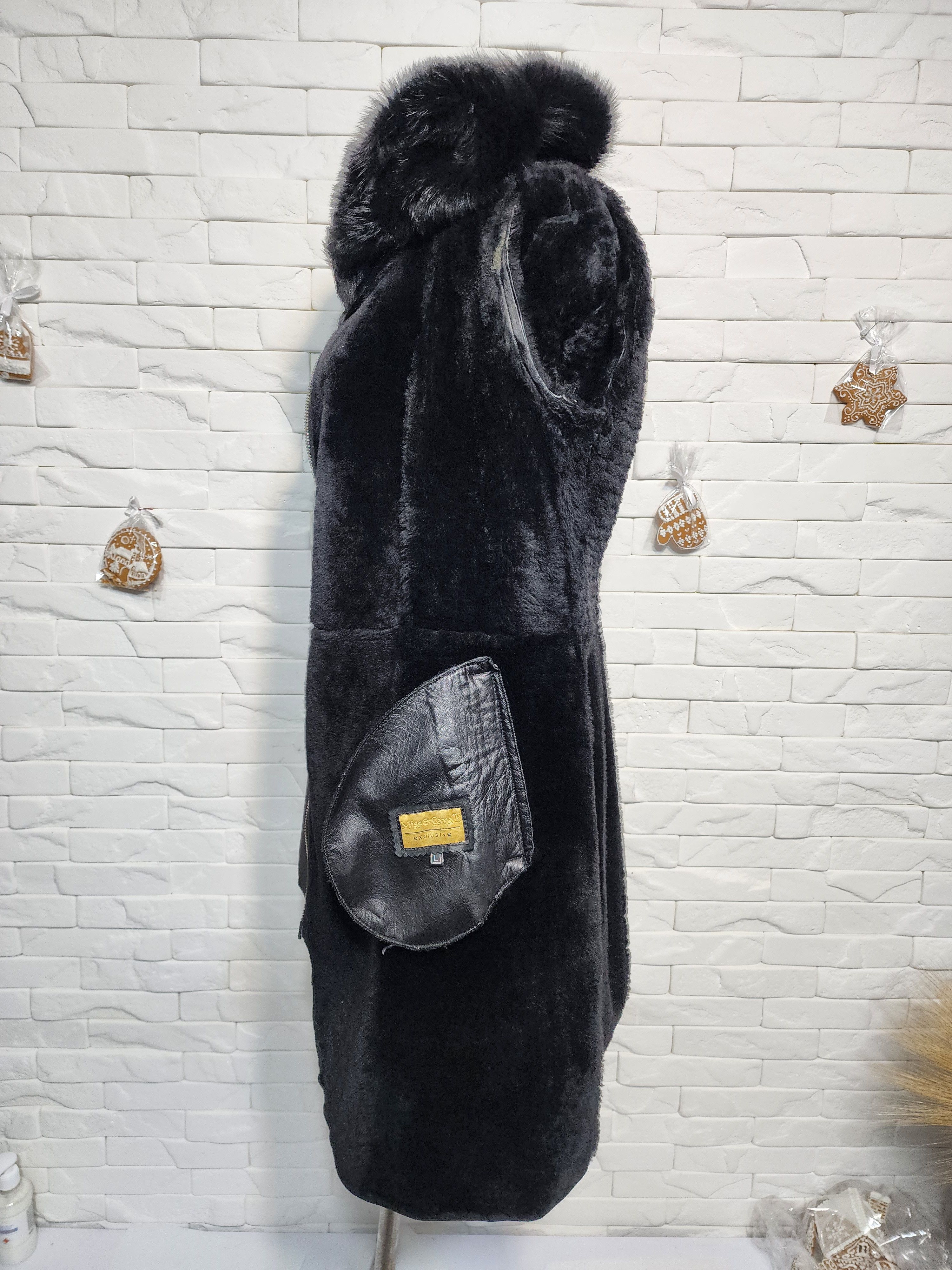 Black Sheepskin Coat: Genuine Fur Hood, Metal Zipper