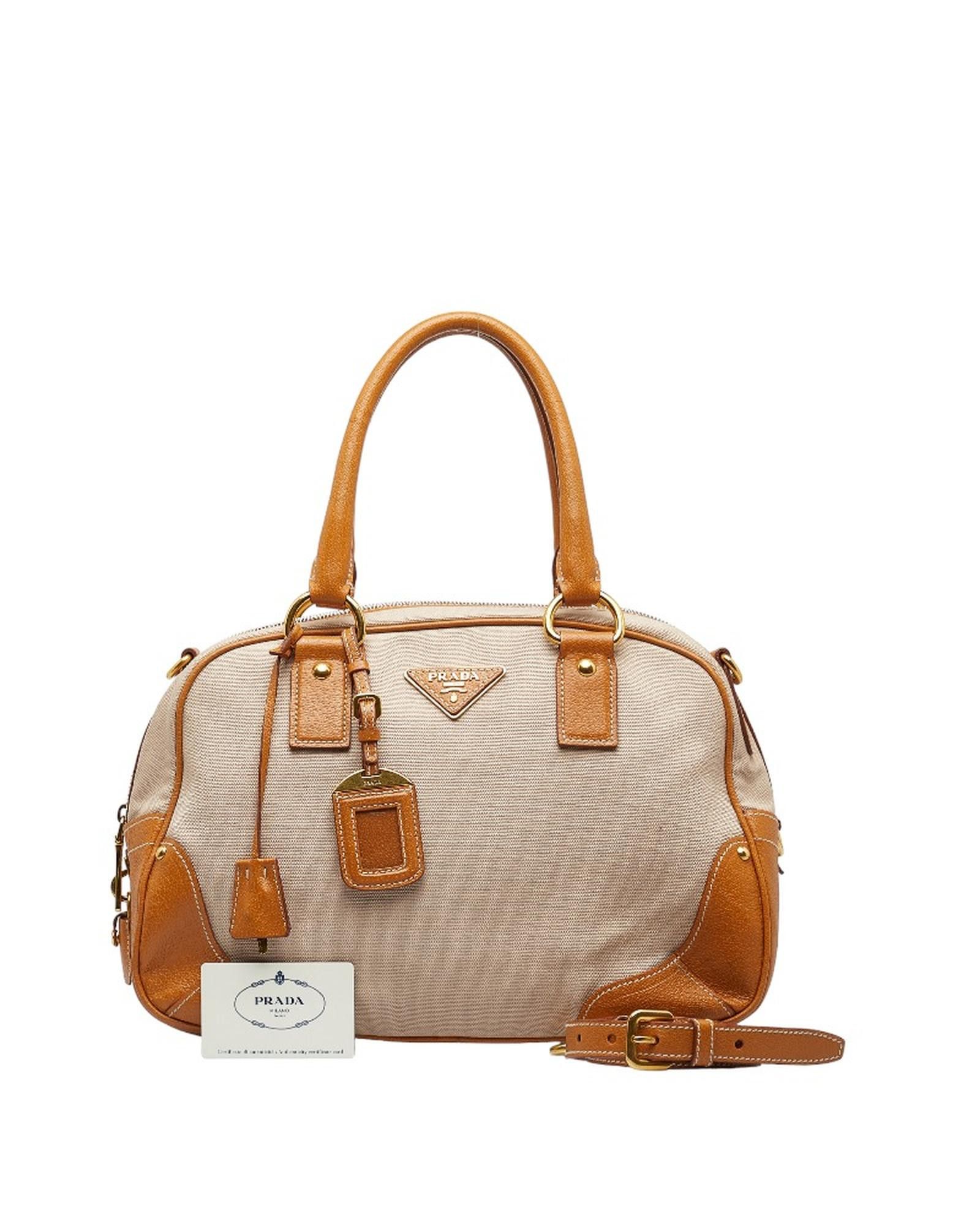 image of Prada Leather Trimmed Canapa Handbag In Brown, Women's