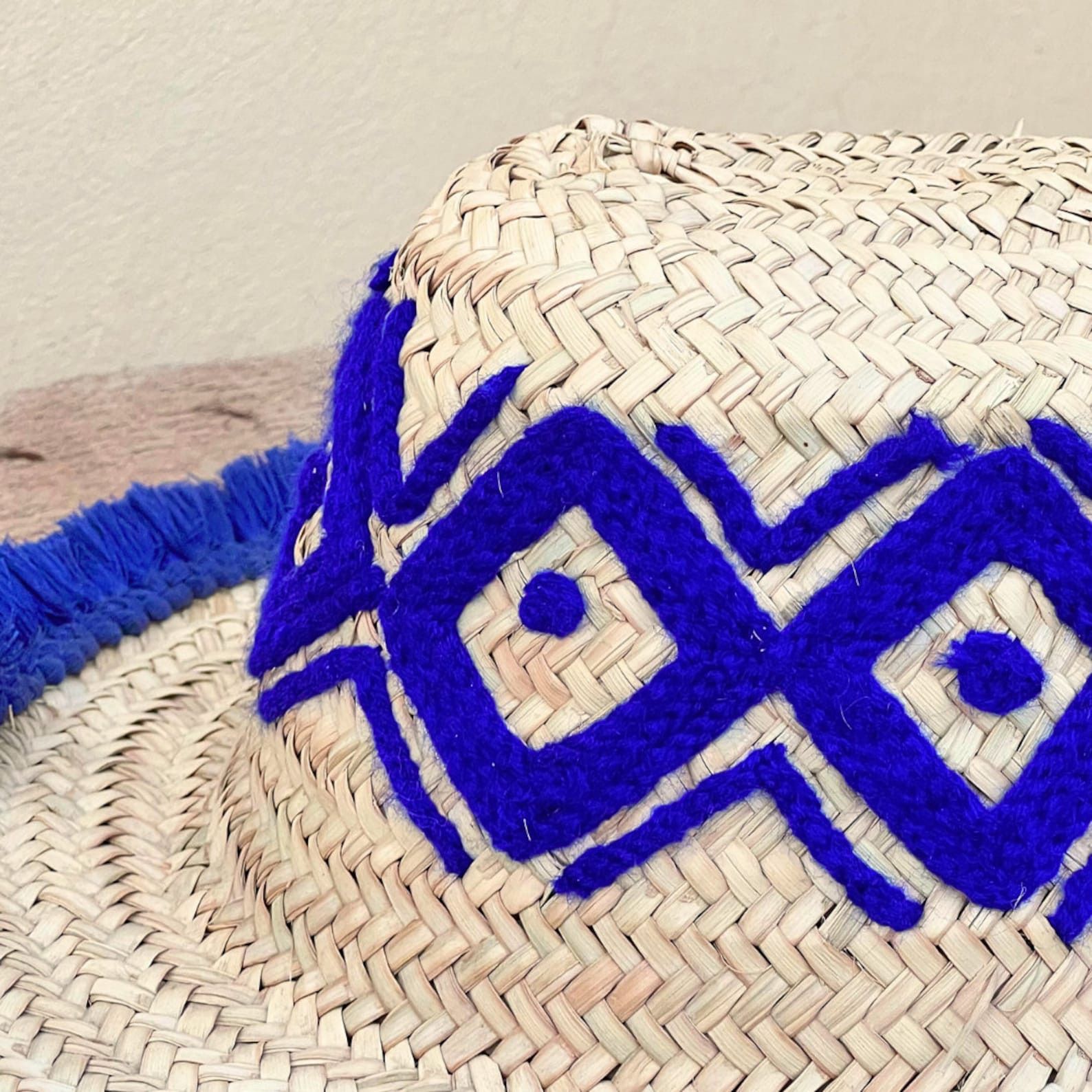 Vintage Moroccan Handmade Blue Patterned Straw Hat Size ONE SIZE - 4 Thumbnail
