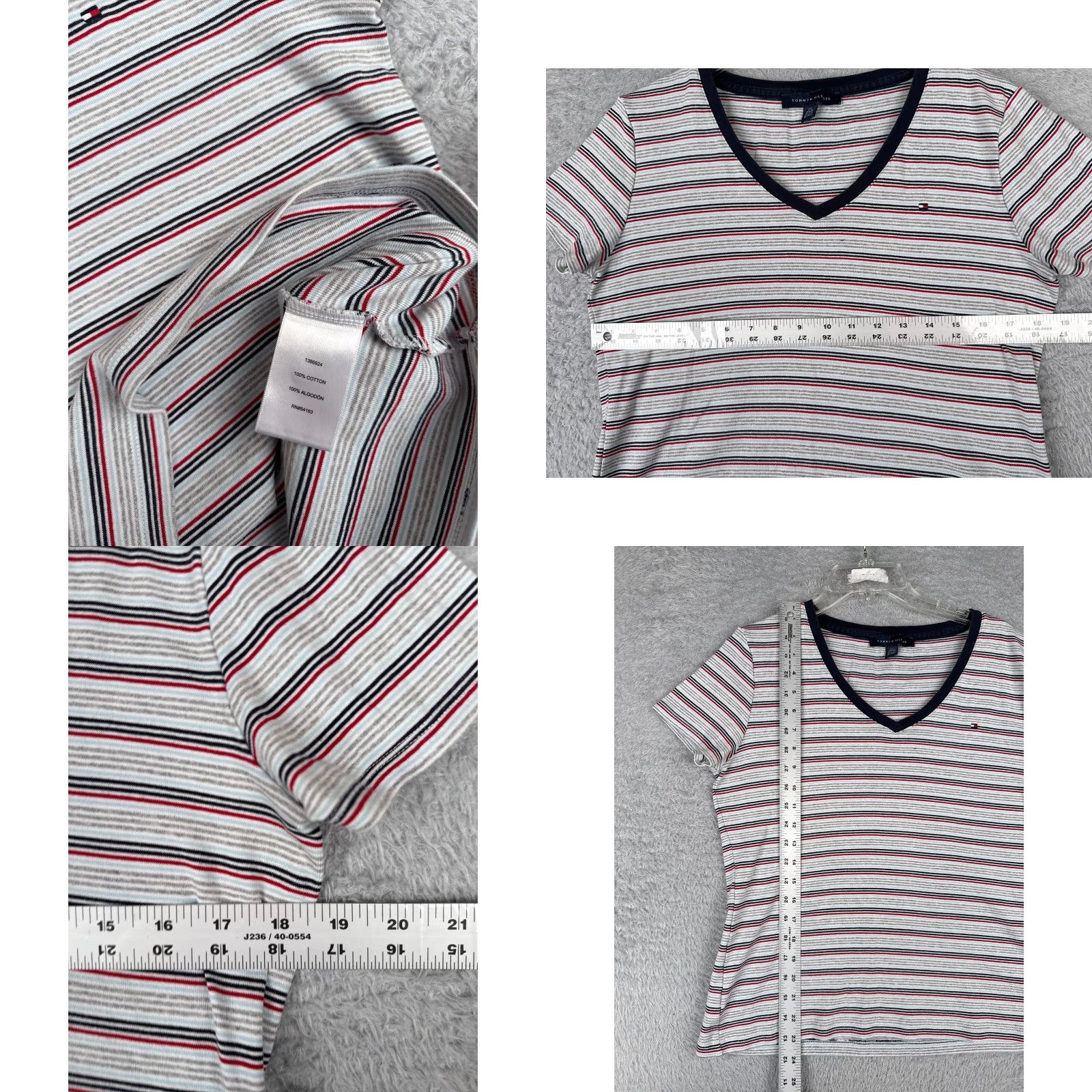 Tommy Hilfiger VINTAGE Tommy Hilfiger Shirt Womens Large Gray Red Stripe V-Neck Short Sleeve Cotton Size L / US 10 / IT 46 - 8 Thumbnail