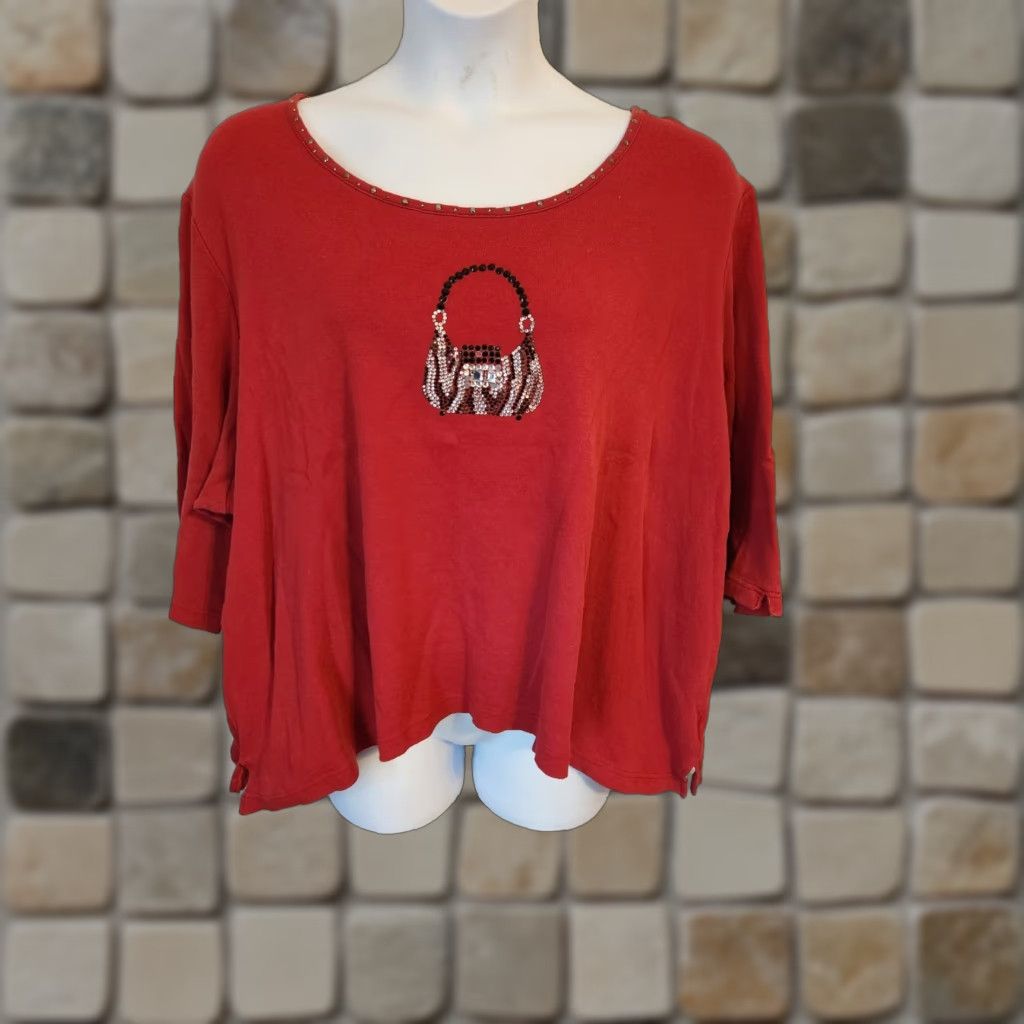 Quacker Factory Quacker Factory Red Rhinestone Purse Design 3/4 Sleeve Casual Top Shirt 3X Plus Size XXL / US 16-18 / IT 52-54 - 1 Thumbnail