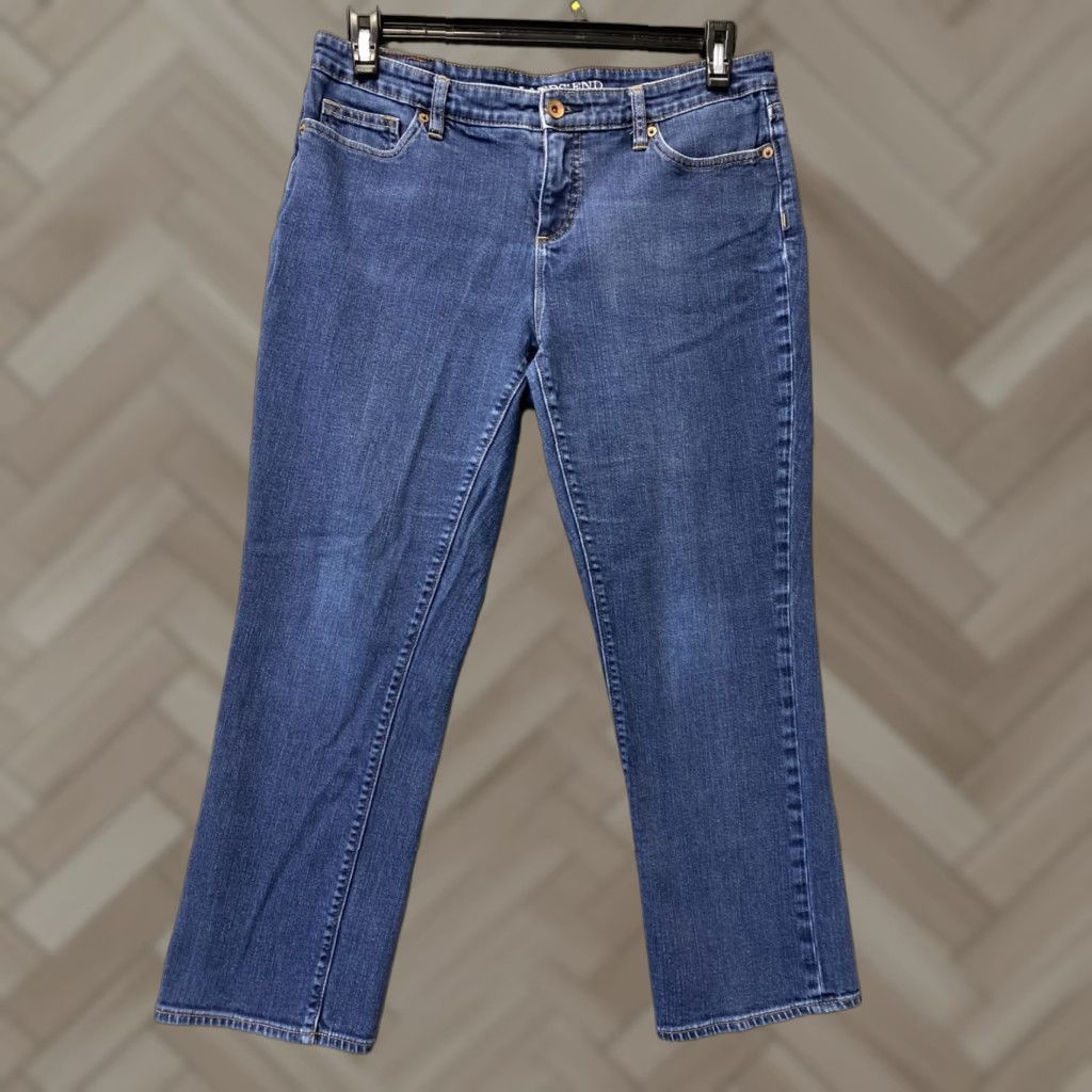 Lands' End Lands' End Jeans Women 12 Blue Dark Wash Straight Leg Zip Mid Rise Regular Inseam 25" Denim Cotton Logo Vintage No Size 34" / US 12 / IT 48 - 1 Thumbnail