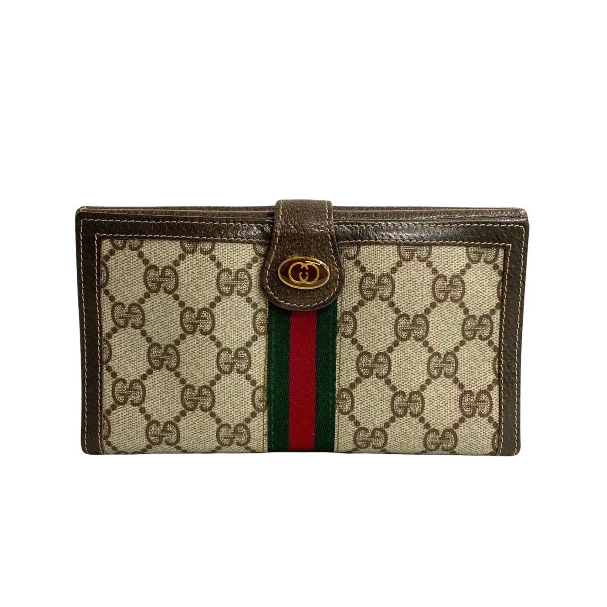 image of Gucci Old Gucci Sherry Line GG Hardware Leather Bifold Long Wallet Brown 95892, Women's