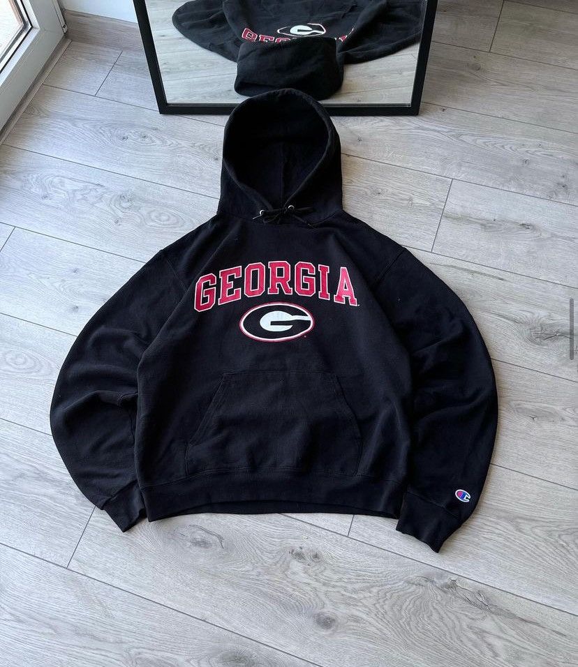 Pre-owned Champion X Vintage Champion Georgia Boxy Heavy Cotton Hoodie Y2k L In Black