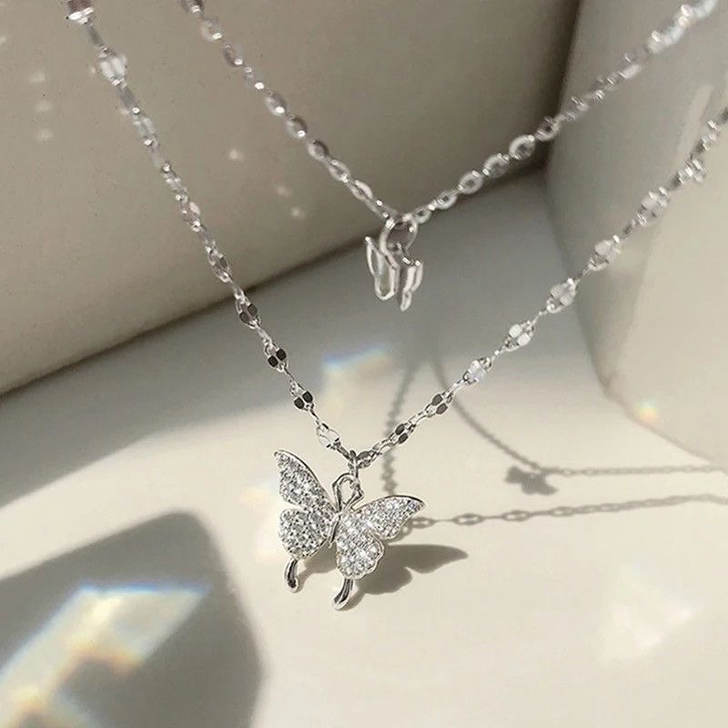 Other Double Layer Silver Butterfly Pendant Necklace for Women Size ONE SIZE - 2 Thumbnail