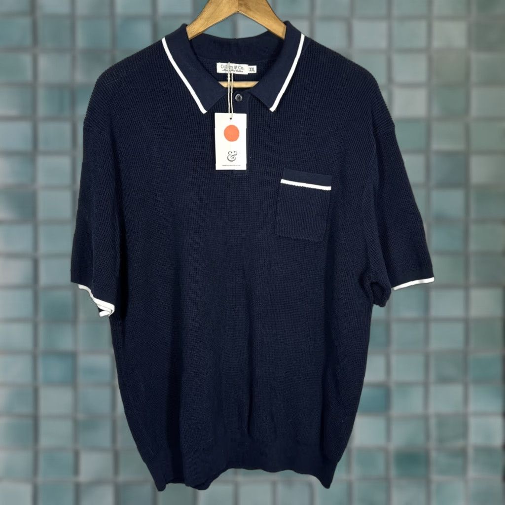 CO Collars & Co Riviera Waffle Knit Polo Blue White 2XL Polo Men Classic Pockets Knit 100% Cotton Modal Shirt Short Sleeve Button Closure Size US XXL / EU 58 / 5 - 1 Thumbnail