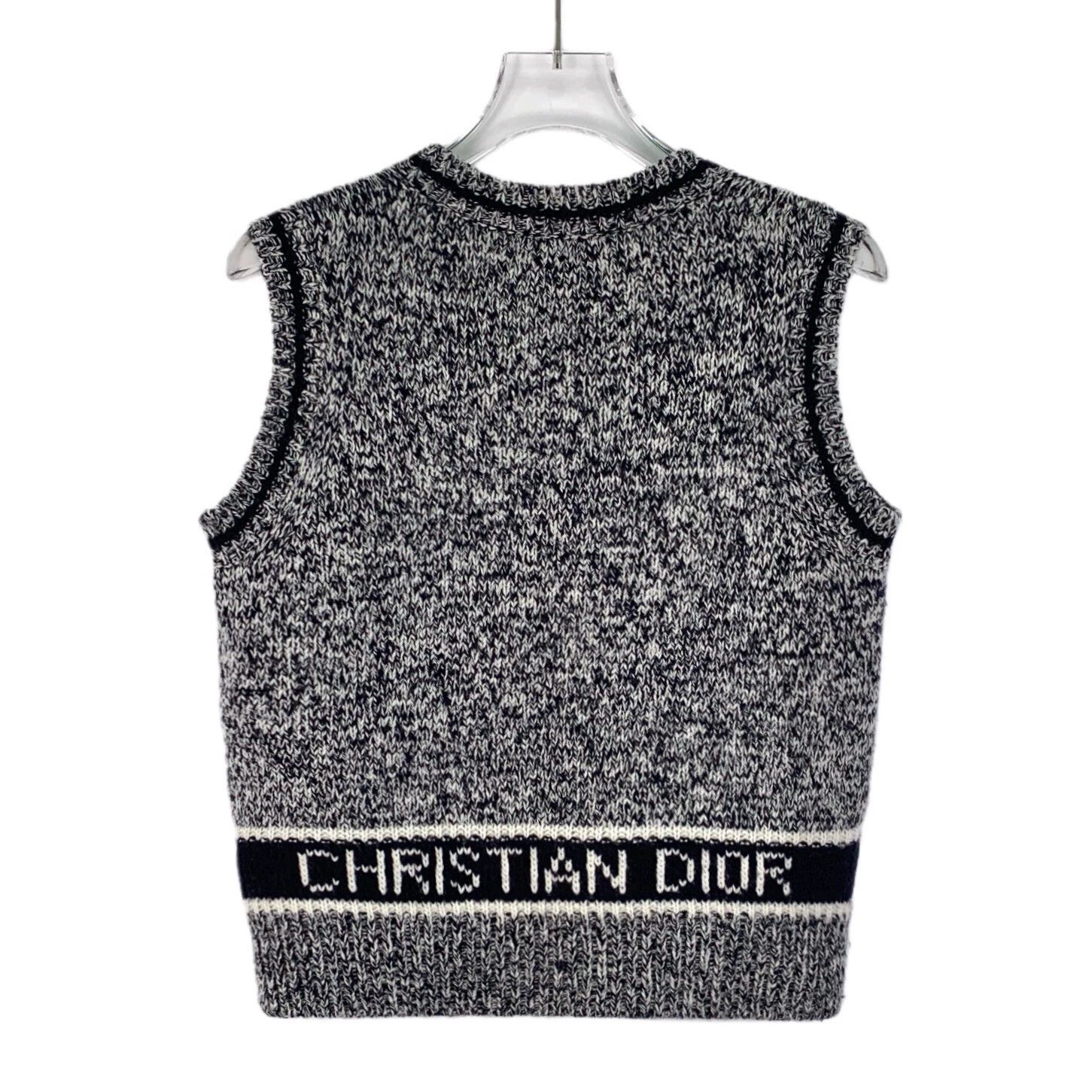 KW0775 Dior Grey Logo Wool V-Neck Sleeveless Knit Vest