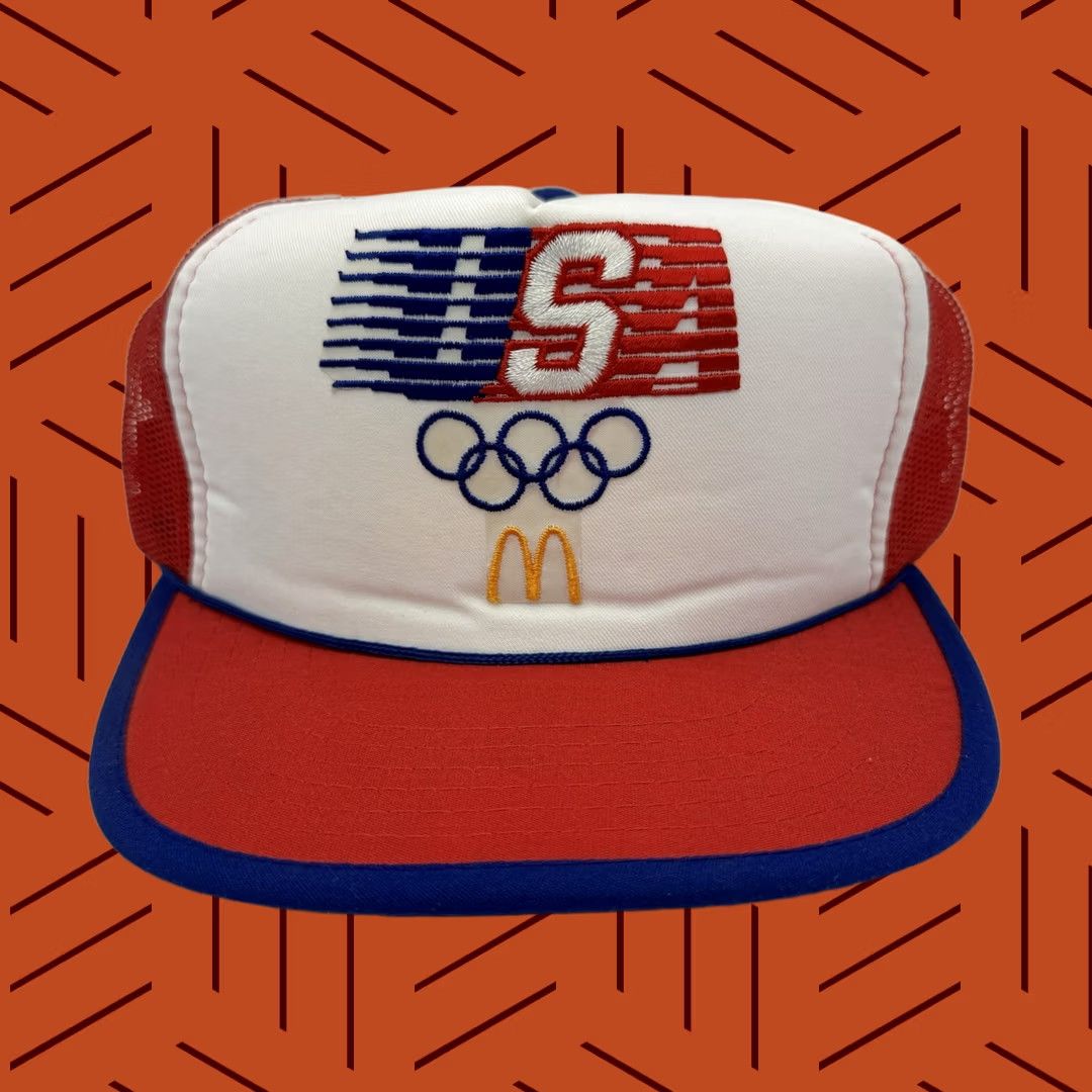 Vintage VINTAGE McDONALDS OLYMPICS RINGS EMBROIDERED RED WHITE BLUE TRUCKER HAT CAP NOS 1984 Mens Size ONE SIZE - 1 Thumbnail