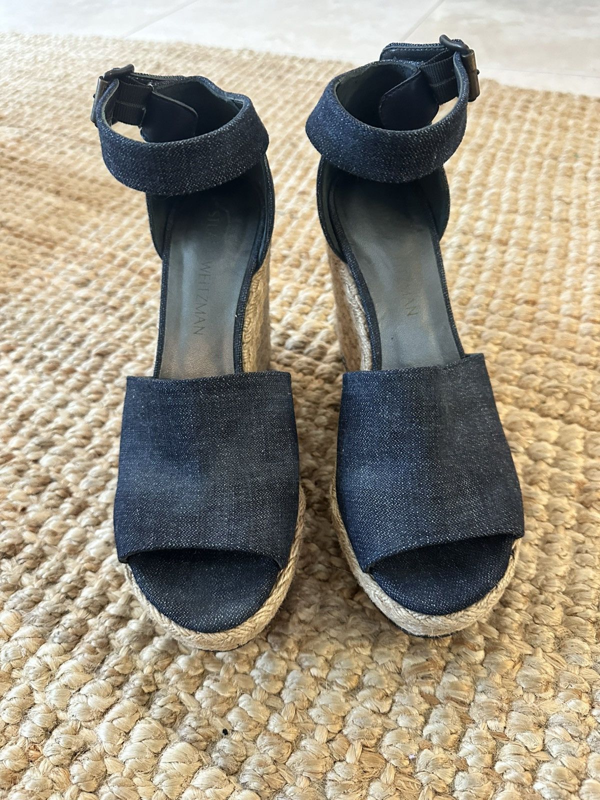 Stuart Weitzman STUART WEITZMAN SOHO DENIM ESPADRILLE WEDGE SANDAL SIZE 8 Size US 8 / IT 38 - 2 Thumbnail