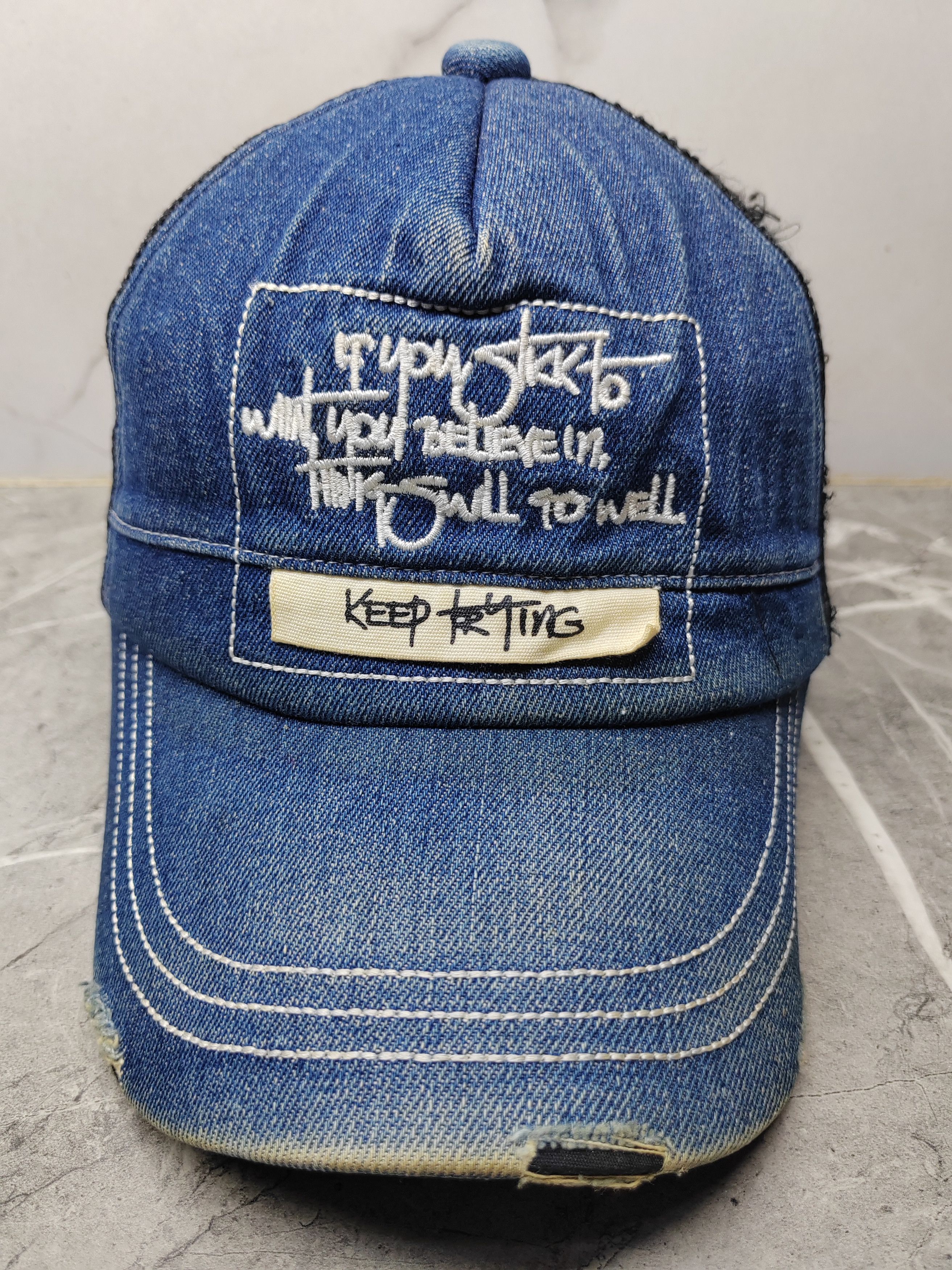 Japanese Brand Vintage Keep Trying Denim Trucker Hat Cap Size ONE SIZE - 2 Thumbnail